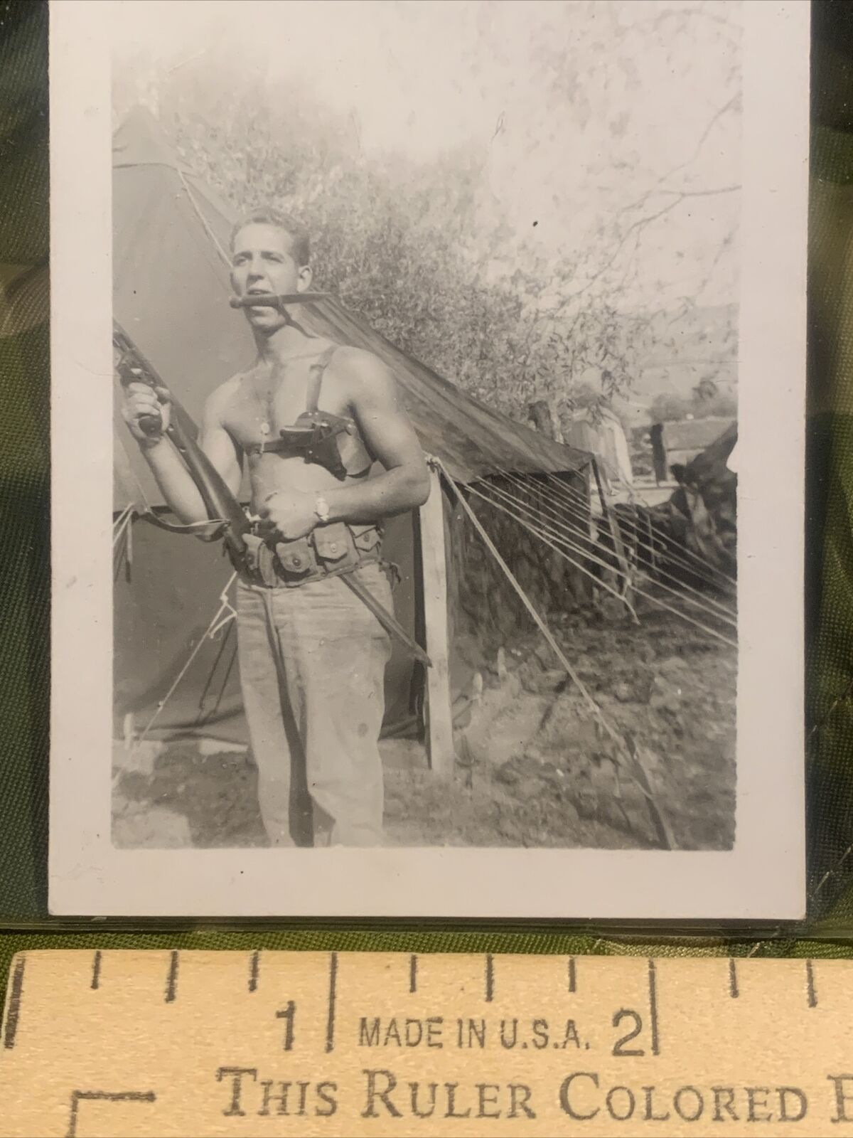 WW2 US ARMY SOLDIER WITH CAPTURED GERMAN PISTOL,BOOT KNIFE AND BAYONET,SNAPSHOT