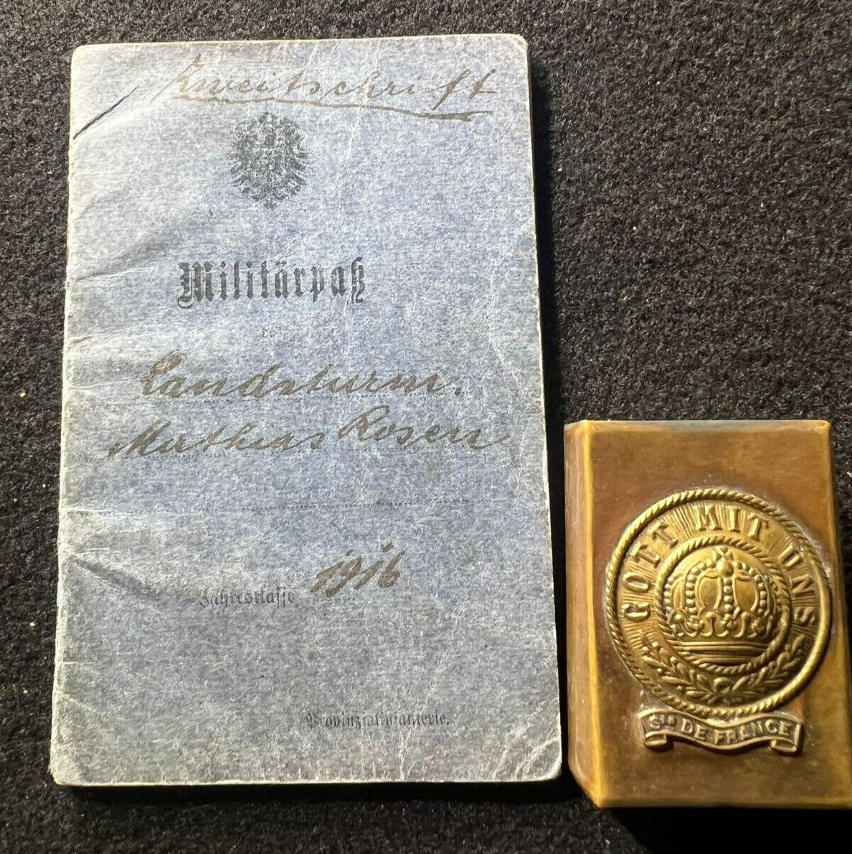 WWI German Original Militärpass ROSEN Inf Reg 457 Wounded 1918 Buckle Matchbox