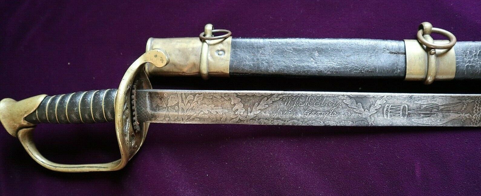 CIVIL WAR CONFEDERATE W J MCELROY FOOT OFFICER SWORD W ETCHED SIGNED BLADE 