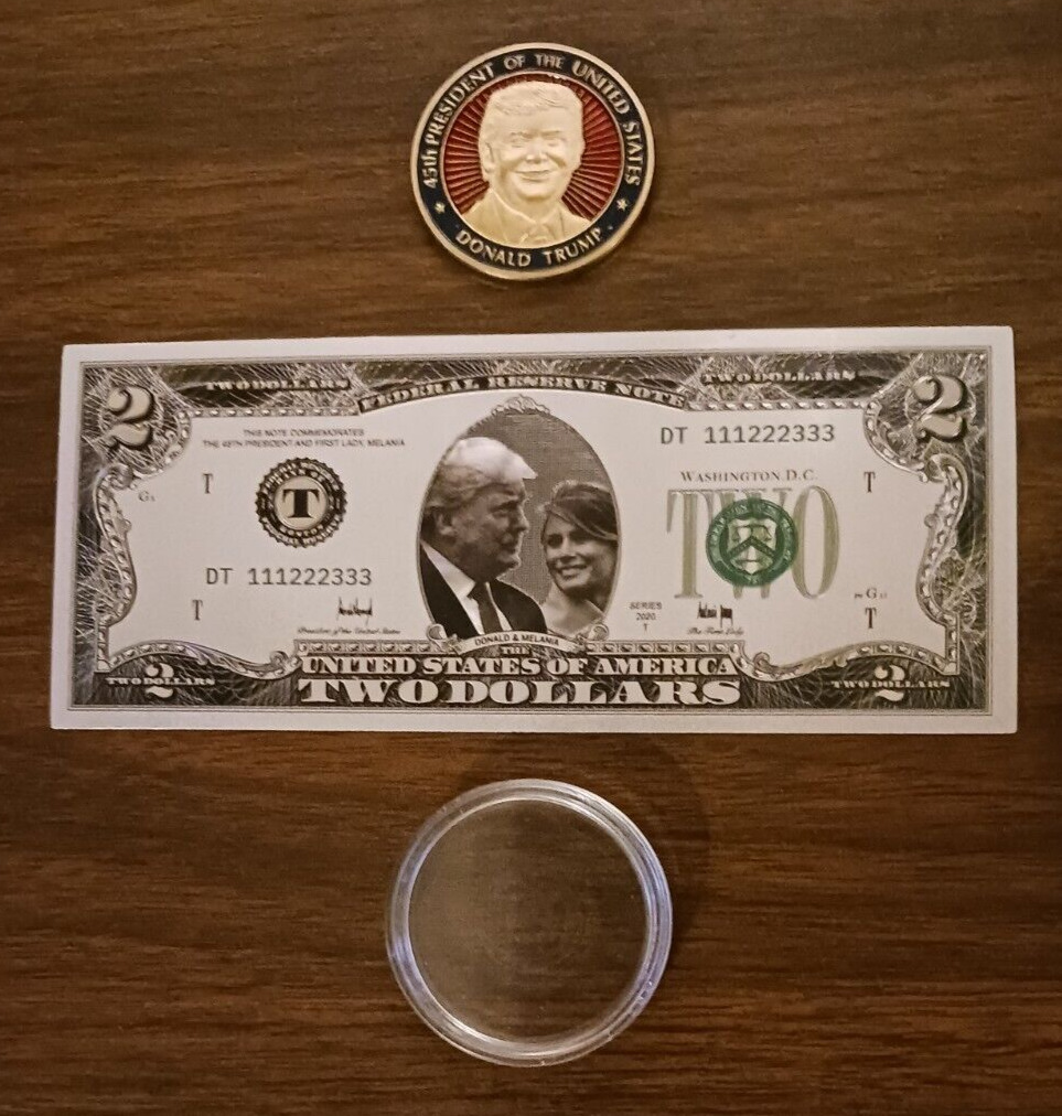 45th President Donald Trump Inauguration Coin & 2 Dollar Bill With Him & Melania