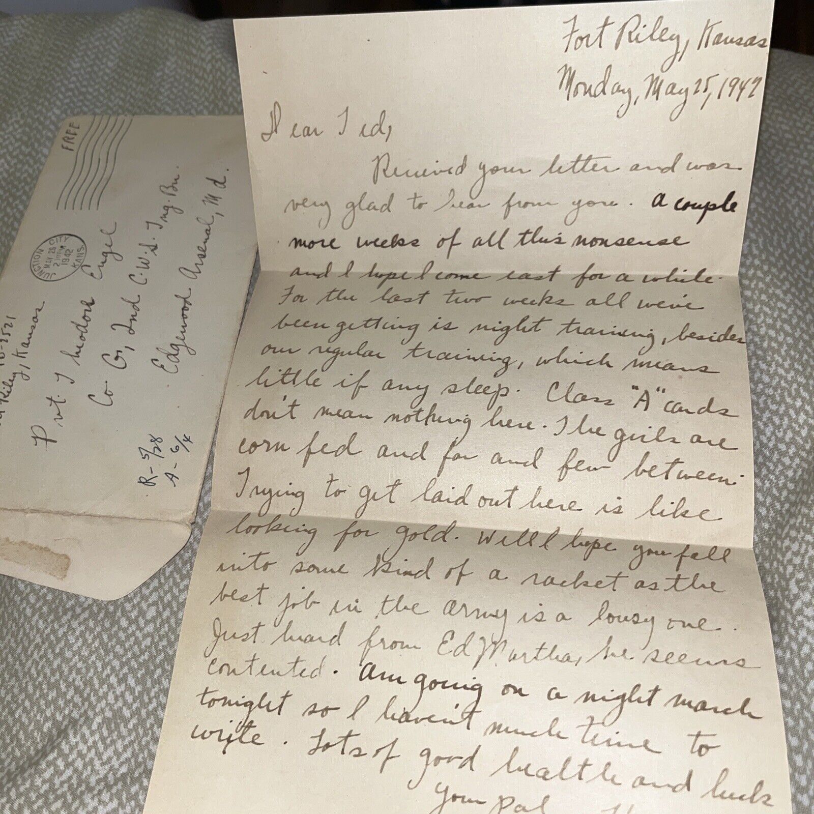 1942 WWII Letter from Fort Riley Kansas Private: Getting Laid Like Seeking Gold
