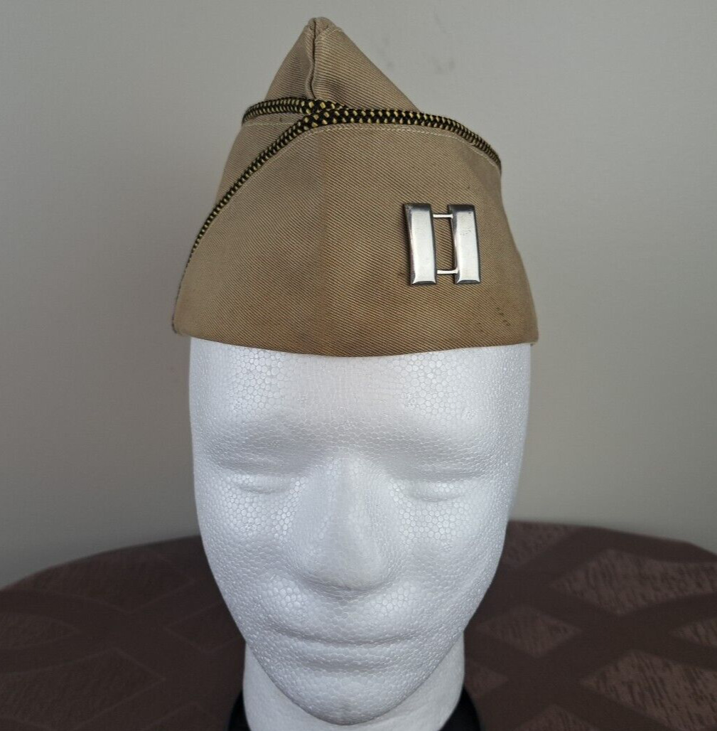 Vintage US Army Khaki Officer Garrison Cap Black & Gold Piping Captain Insignia
