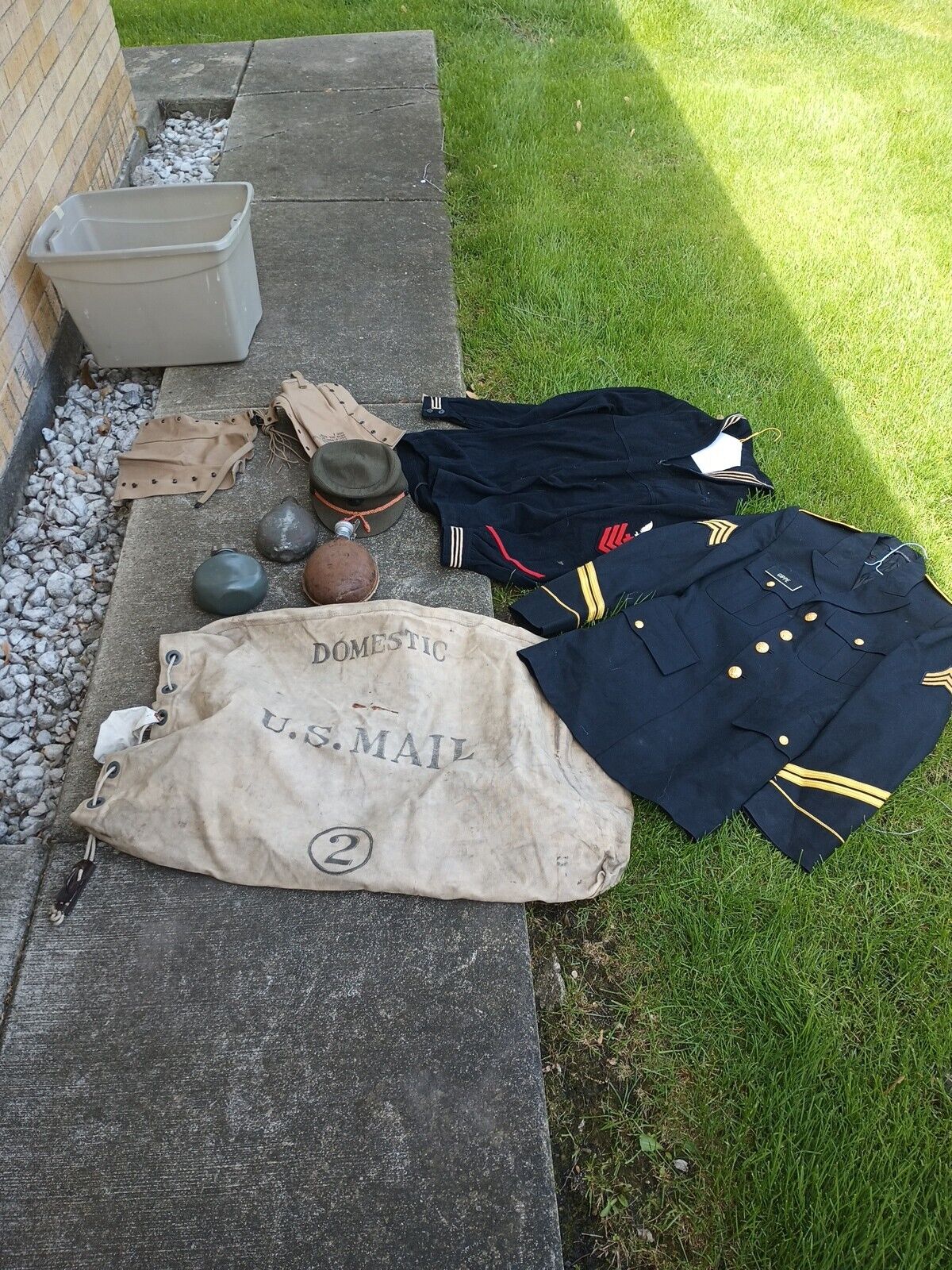 Lot Of 8 Vintage  Military Wool Shirt Jacket Hat Canteens Mail Bag Leggings Etc.