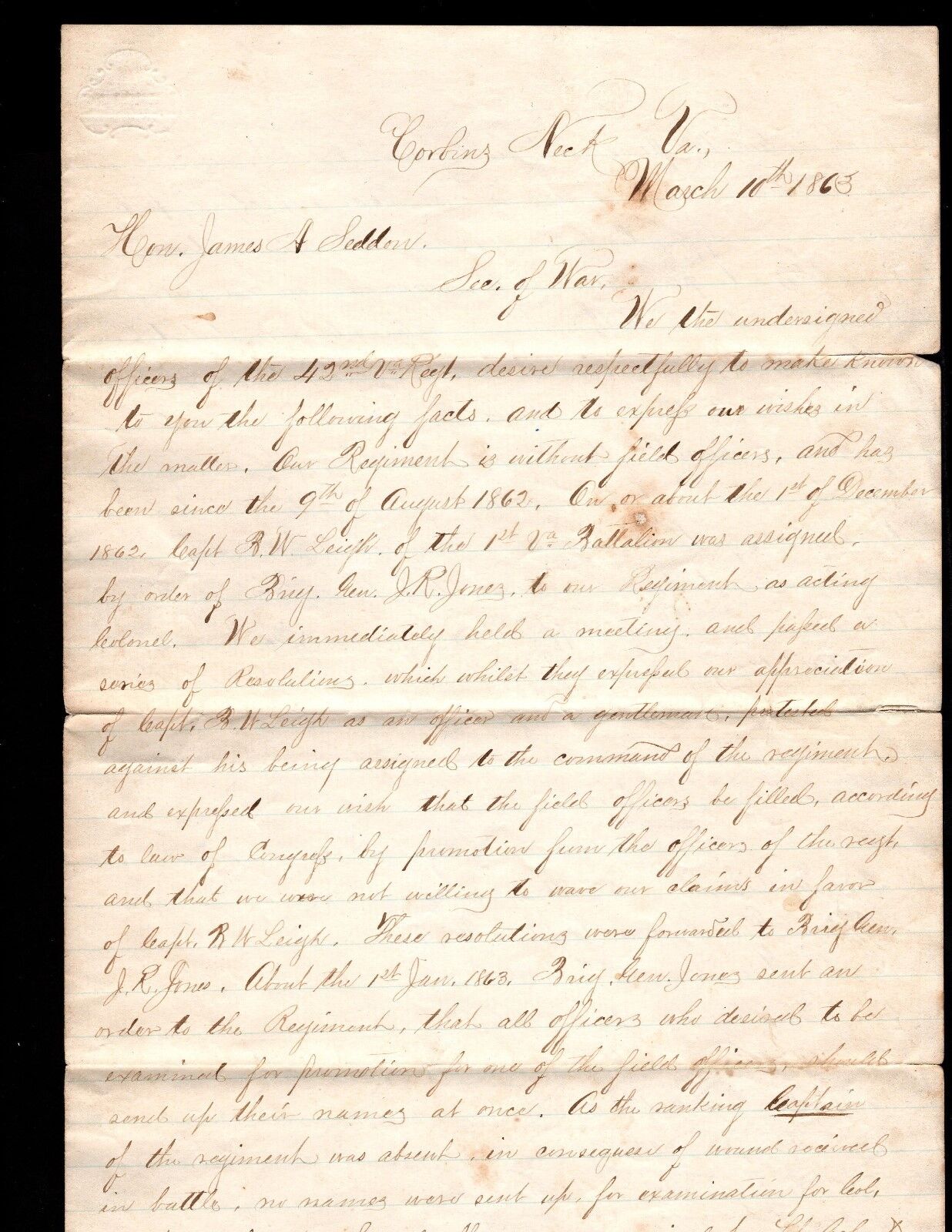 42nd Virginia Corbin\'s Neck 3/10/1863 Signed 25 Officers 2 Confederate Generals 