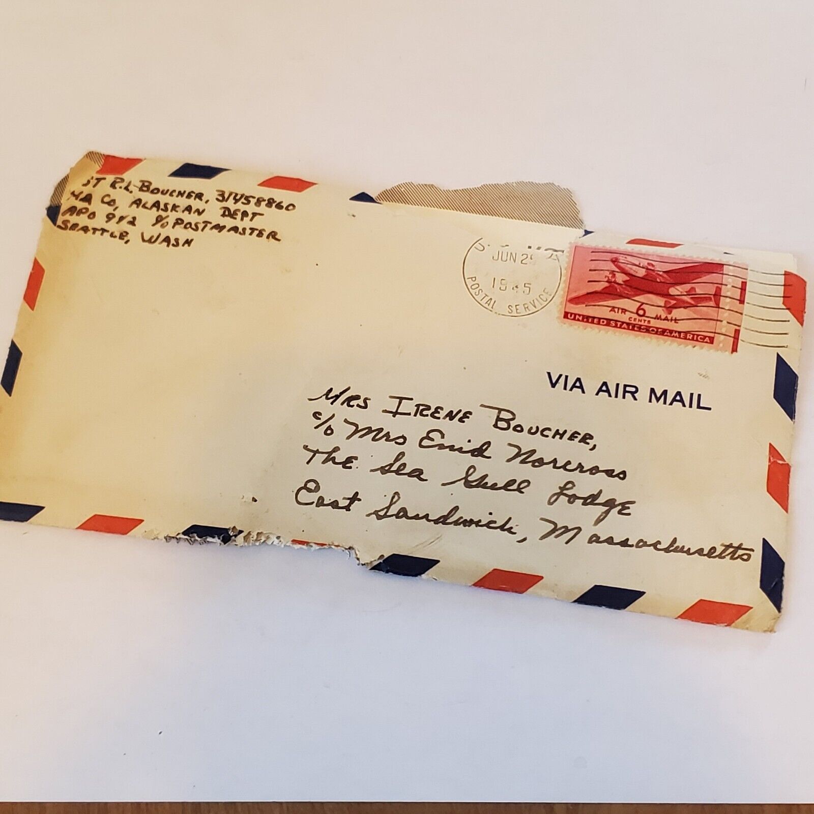 Handwritten Love Letter World War 2 WWII Southbridge MA 1944 1945 1940's APO 942