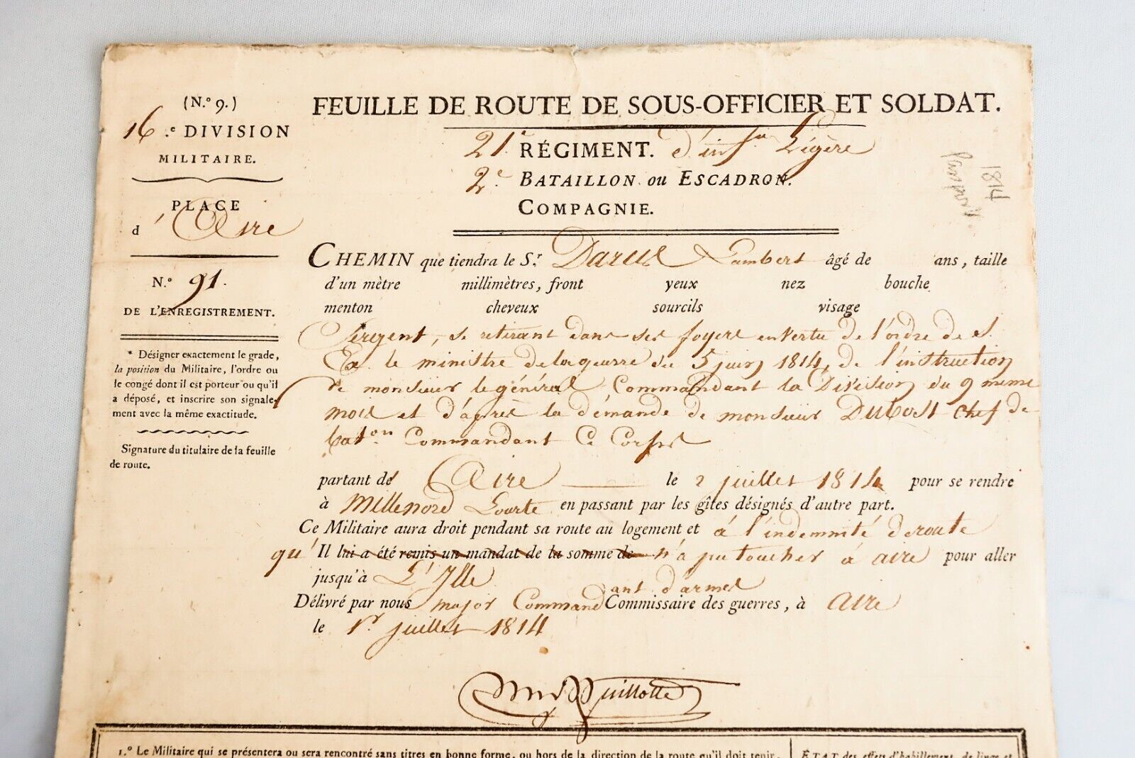 1814 France Napoleon Non-Commissioned Officer Record of Travel Document