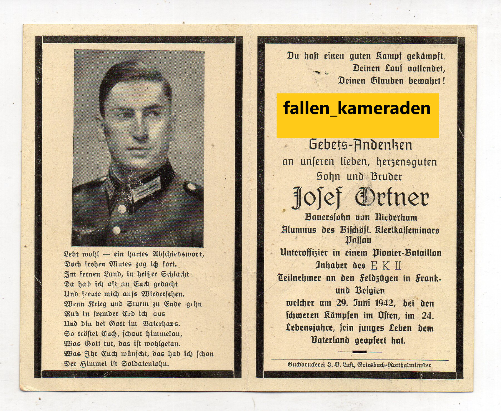 original german ww2 Death Card-sterbebild-remembrance card-death details-soldier