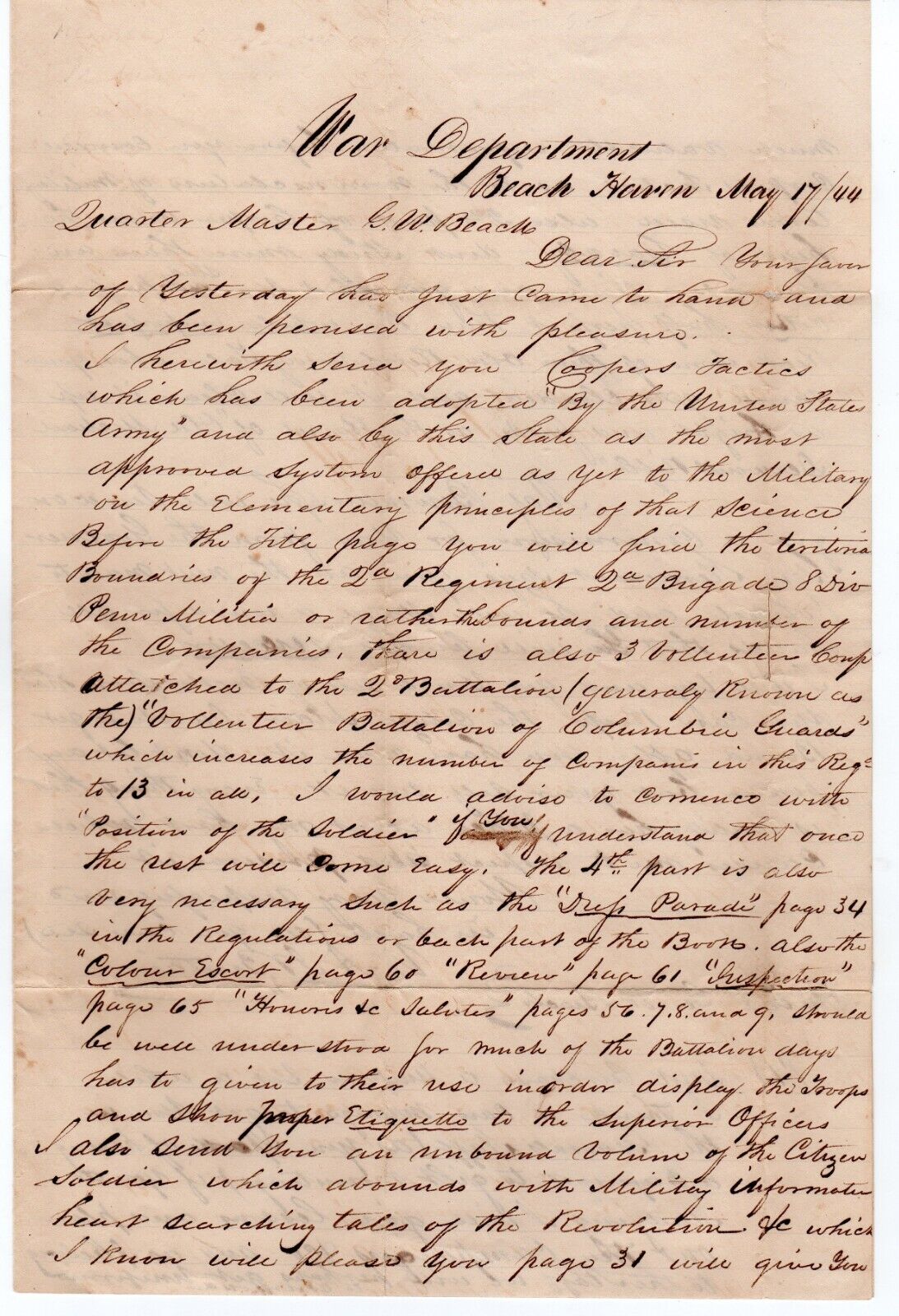 1844 War Department Letter to Quartermaster G. W. Beach Concerning Commission