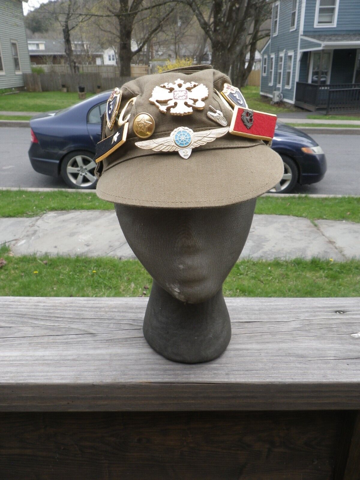 Vintage Russian Soviet Union USSR Army Military Hat Cap w/ 22 Pins & 2 Patches