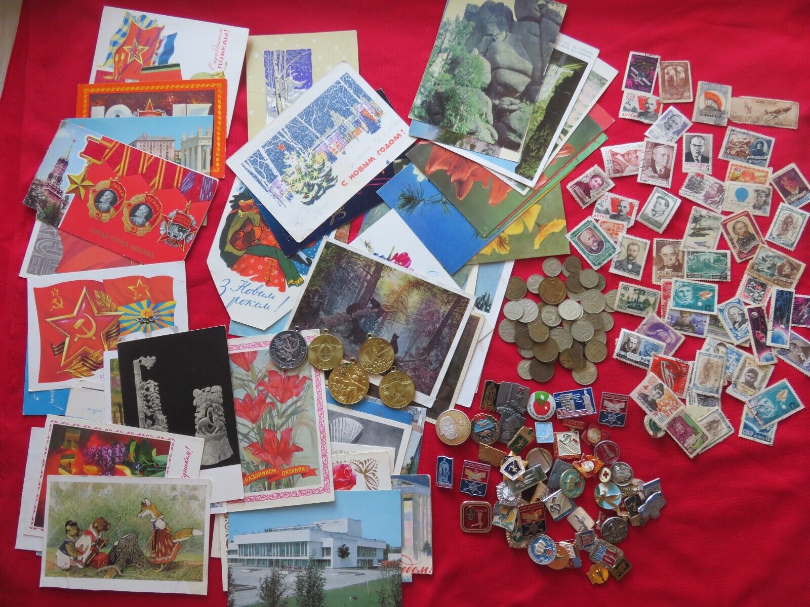 Vintage Soviet Union Set Badges+postcards+coins+stamps+awards USSR-205 pieces
