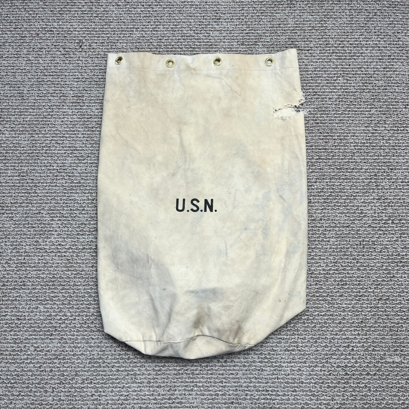 Vintage USN Duffle Bag White Cotton Canvas Stenciled Ruck Sack Holes Flaws