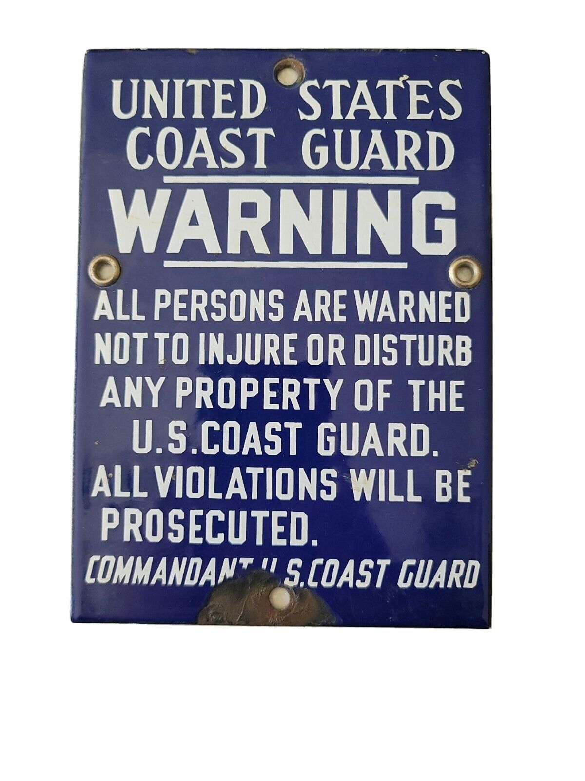 US COAST GUARD PORCELAIN SIGN WARNING FROM COMMANDANT  VERY RARE