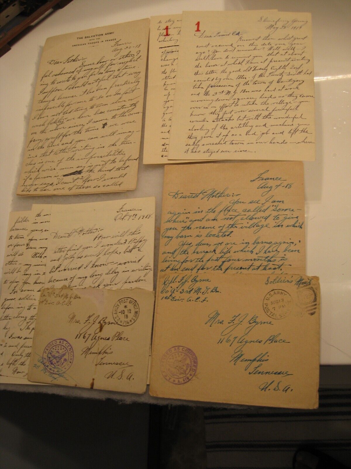 LOT OF 4 WW1 LETTERS FROM AEF SOLDIER FRANCIS J BYRNE 3RD MG BN 1ST DIVISION