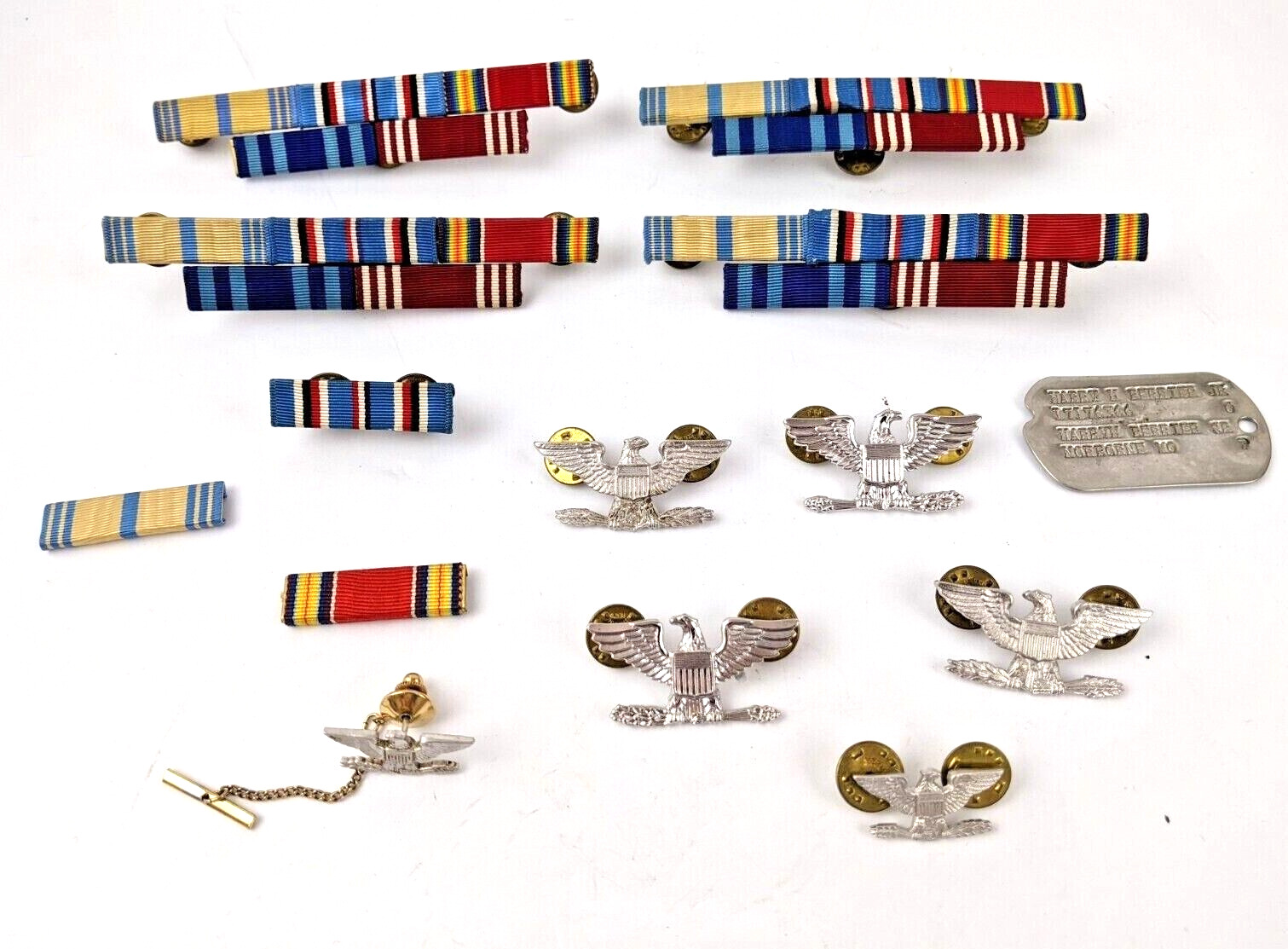 WWII US Army Ribbon Bars Lot & Pins plus Dog Tag One Owner 1940s-50s