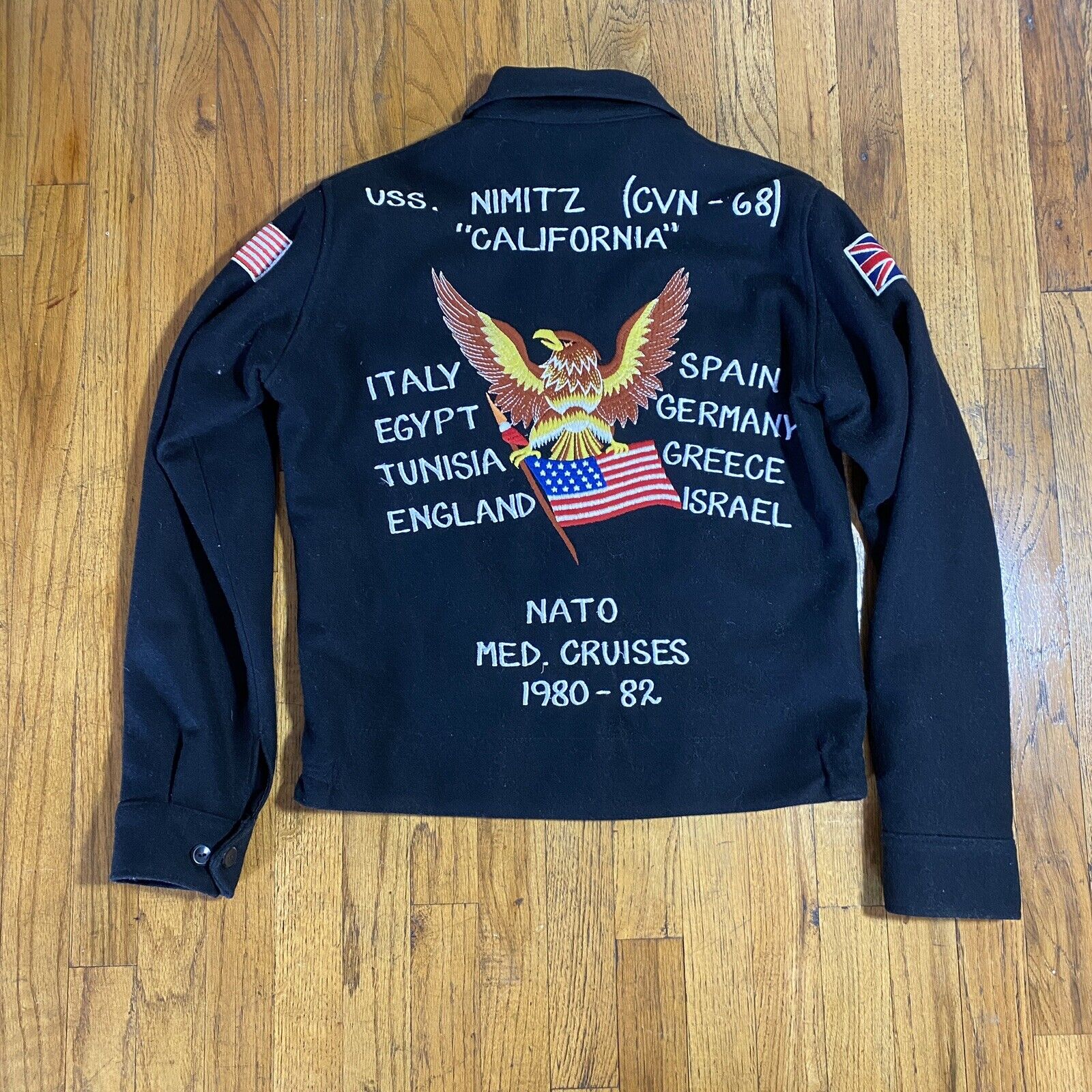 Vintage Med Cruise Souvenir Jacket 1980-82 Black Military Wool S/M 80s Tour USN