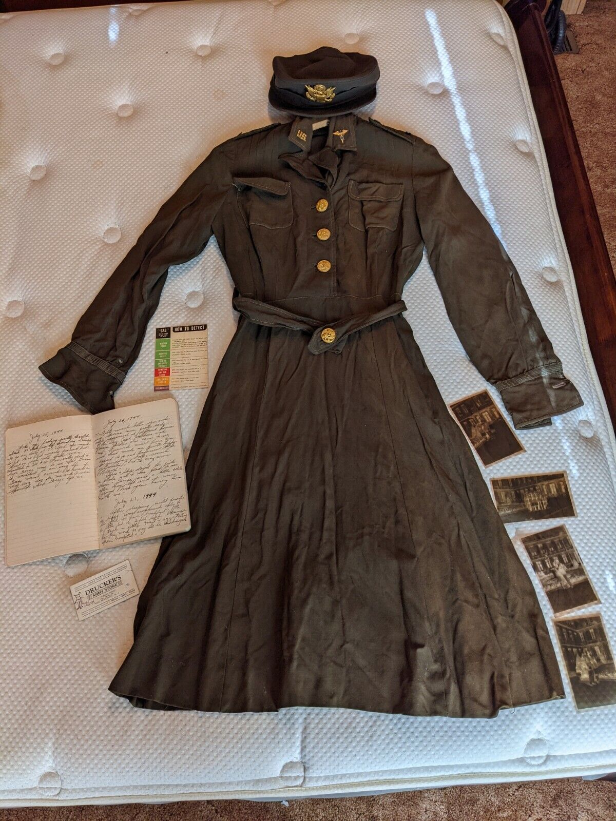 Lot Of WW2 US Army Nurses Corps Uniform, Cap, Journal starts July 4 1944 Photos 