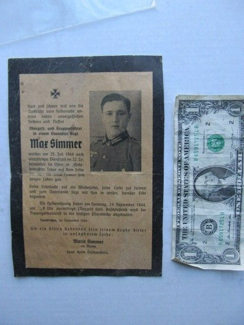 VERY RARE, HUGE WWII German Death Card, 5 1/2\