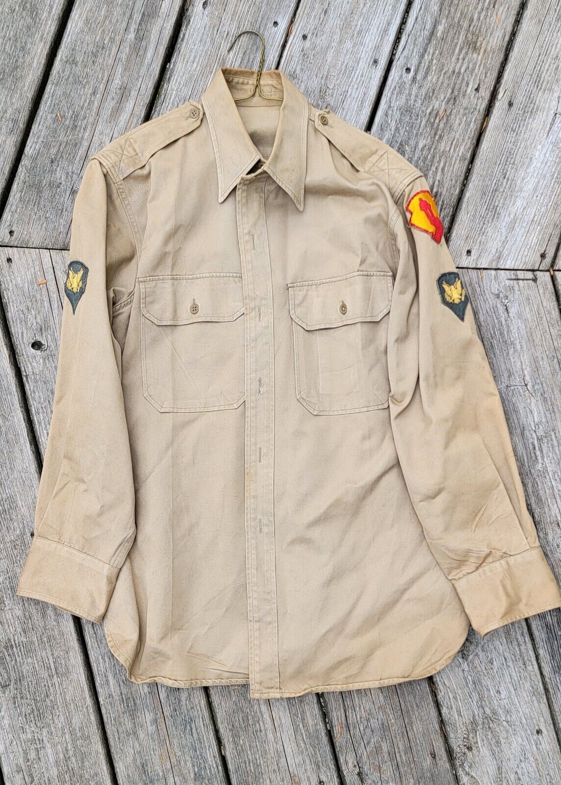VTG 1946 Patent US Khaki Uniform LS Shirt w Patches Sz 16x32 Fordham Shirt Co.