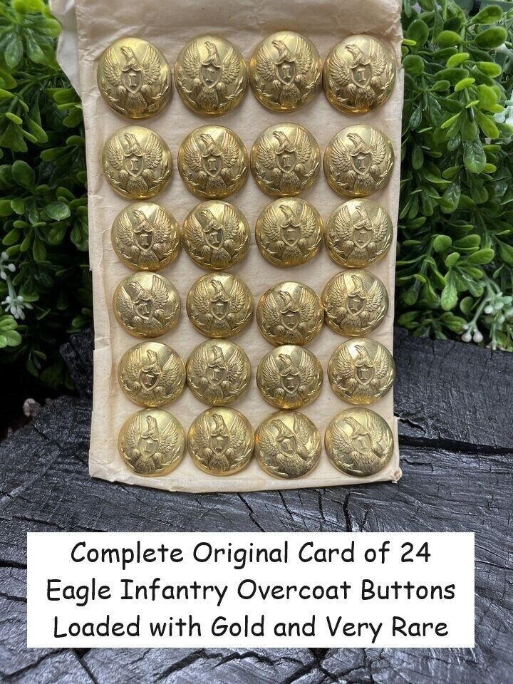 Civil War Eagle Infantry 24 Overcoat Buttons on Original Card Loaded with Gold