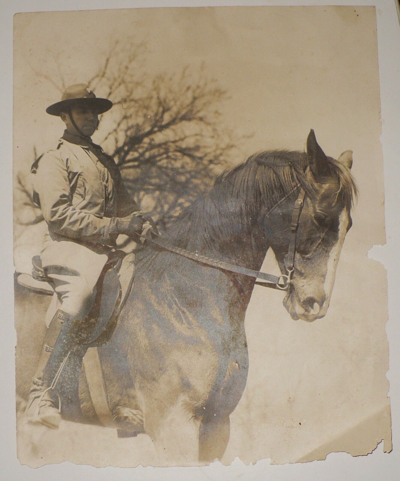 ANTIQUE WARTIME PHOTOGRAPH SOLDIER ON HORSEBACK + RARE PEAL & CO LEATHER BOOTS