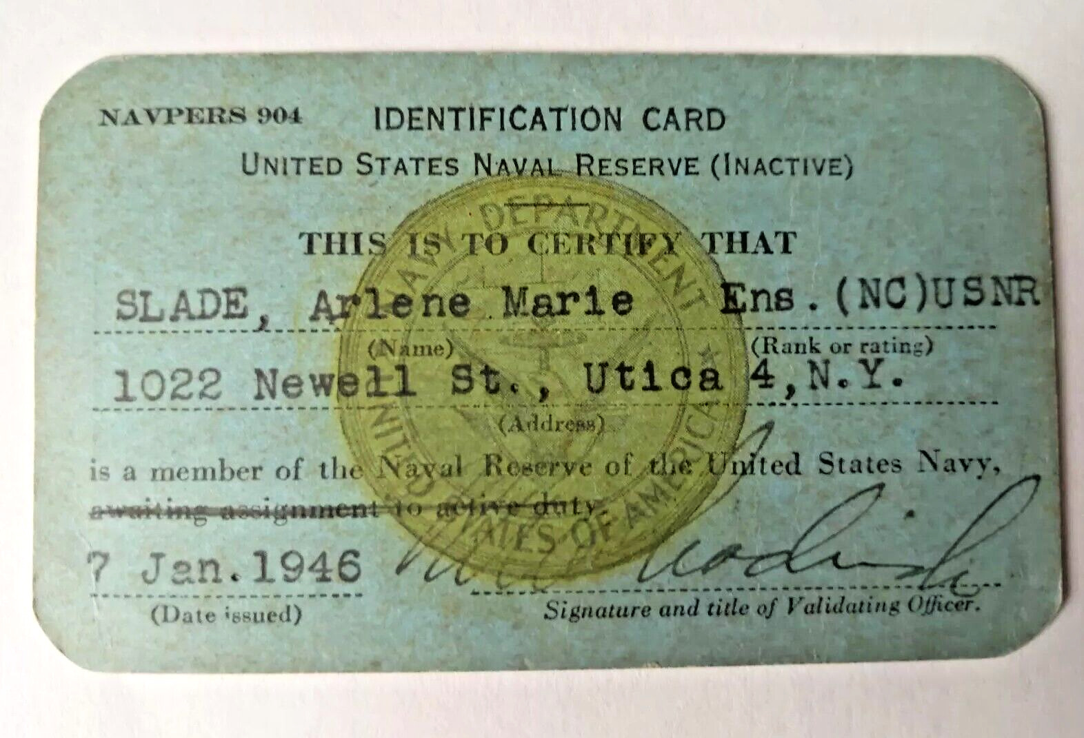 United States Navel Reserve (Inactive) Identification Card Dated: 7 Jan. 1946