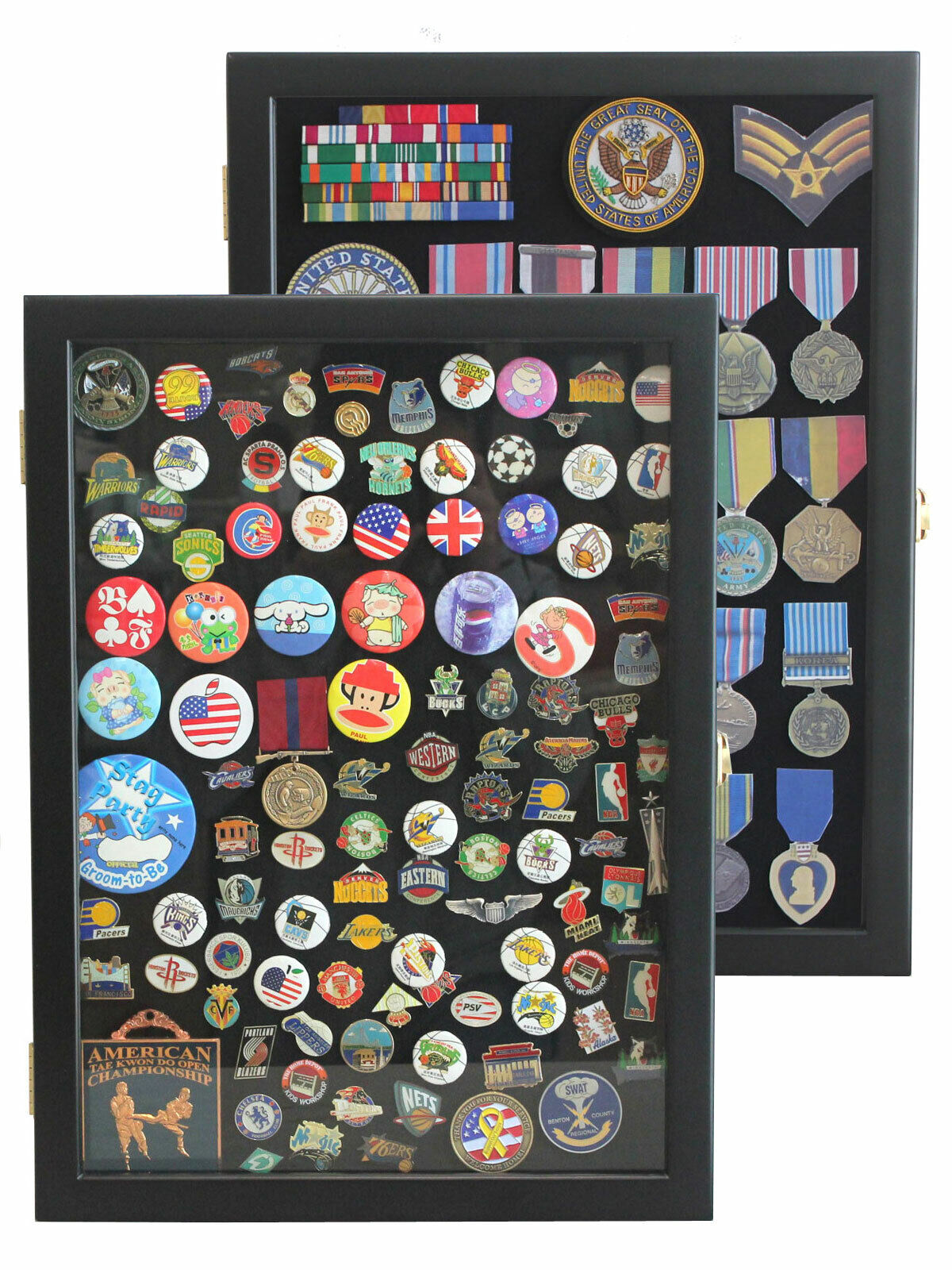 Pin Display Case Shadow Box for Lapel Political Pins Beach Tags, REAL GLASS Door