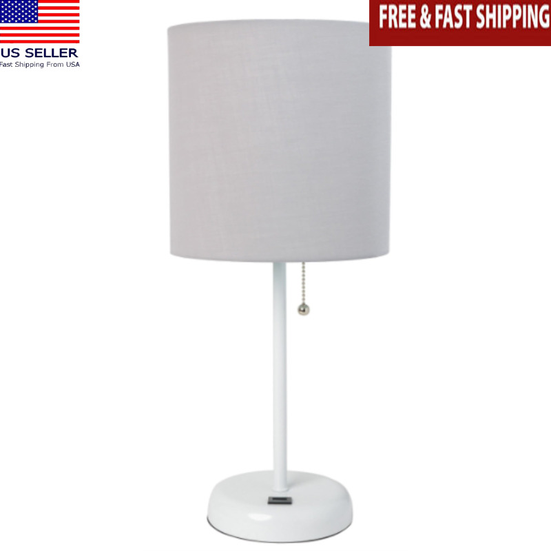 White Stick Lamp W/ Usb Charging Port & Fabric Shade Simplicity Office Home