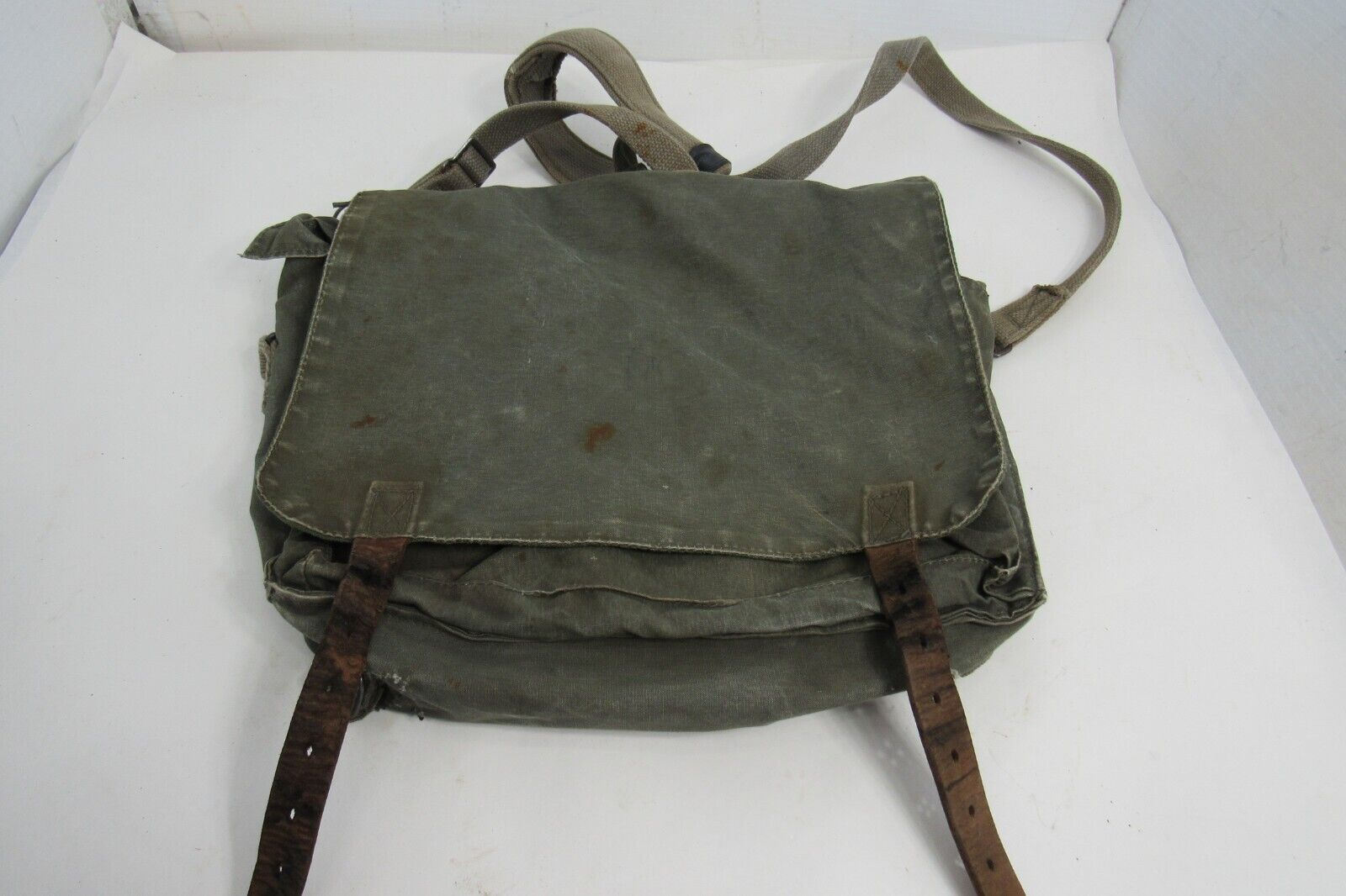 Vintage Army Messenger Bag Tote Satchel Military Green Field Leather Straps