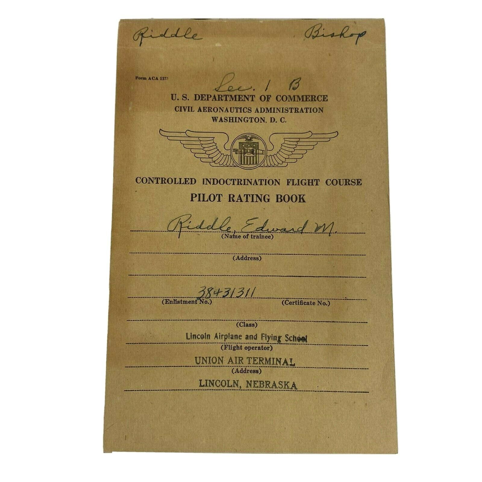 WWII Pilot Rating Book Lincoln Airplane & Flying School Lindberg\'s School NE USA