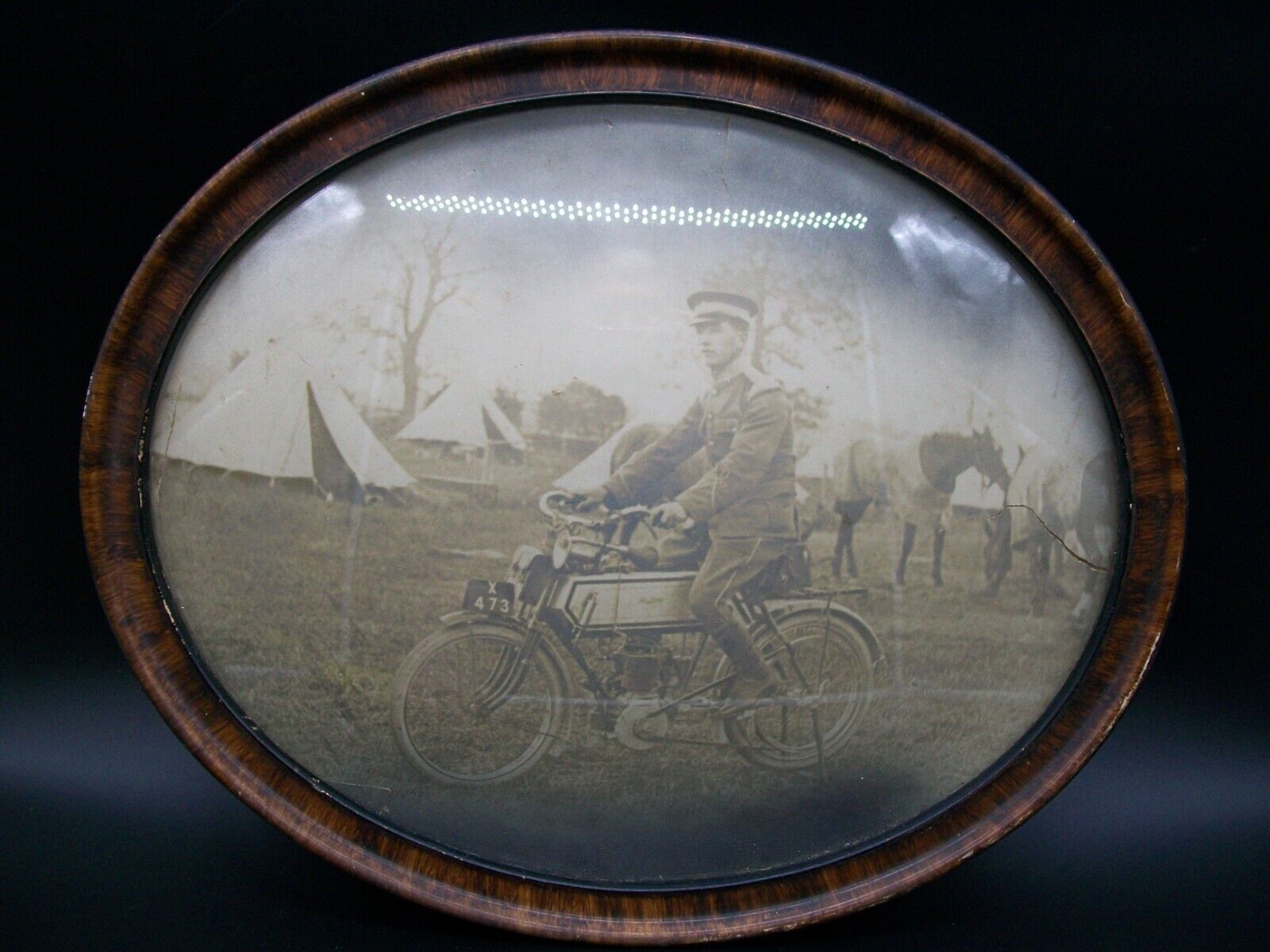 ANTIQUE Framed WW1 PHOTO MOTORCYCLE Oval - 18x15