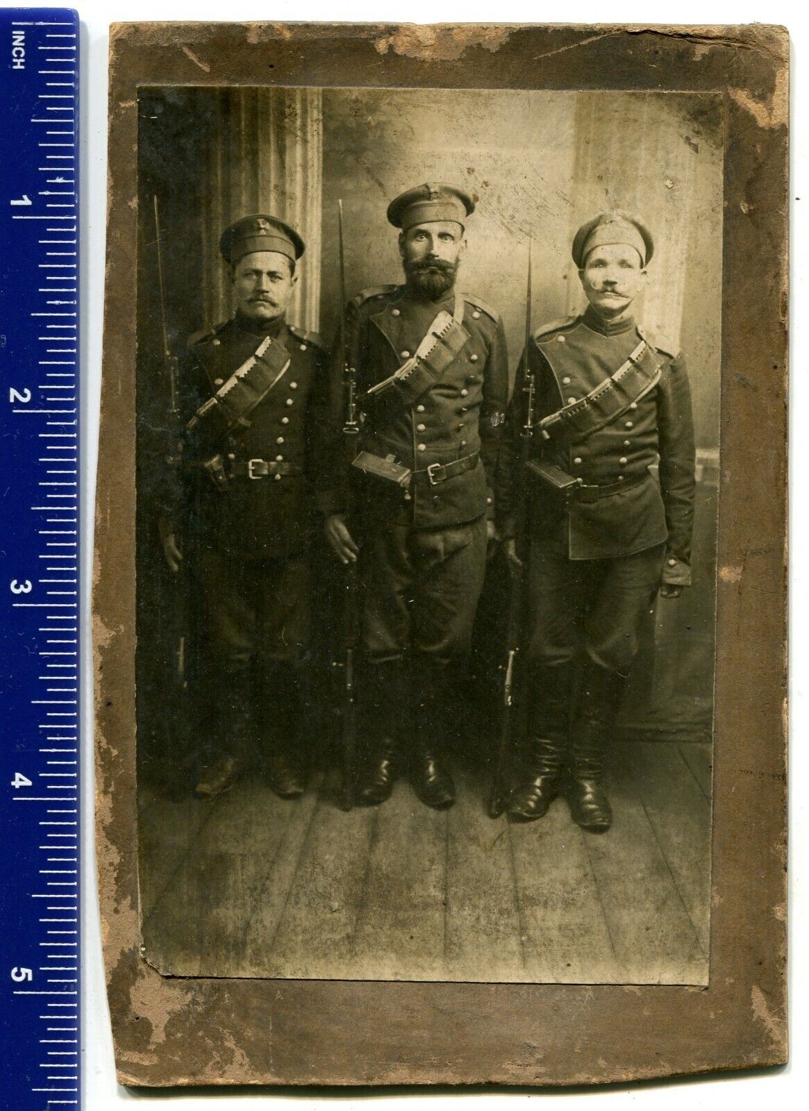 Photo Russian army volunteers: cockade crosses, rifle,cartridge pouch, bandolier