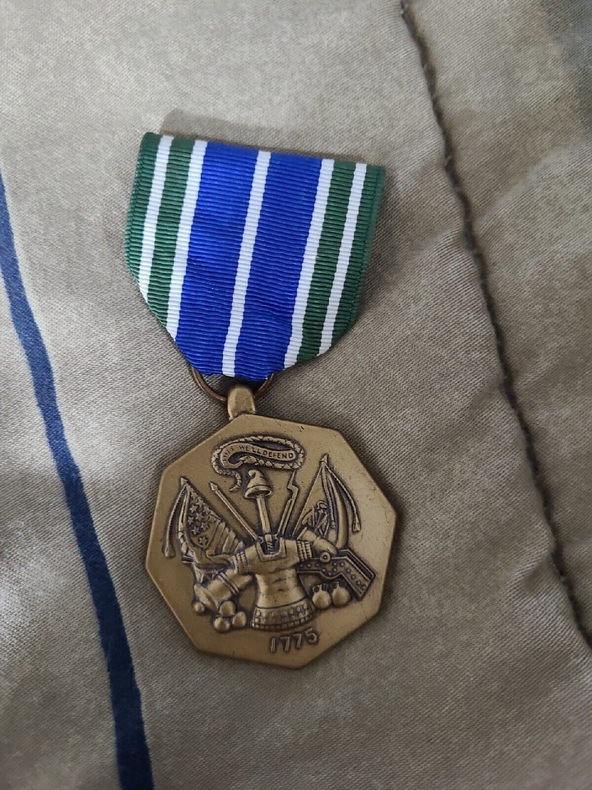 Vintage US Army Military Achievement Mini Medal and Green Blue Ribbon Octagon