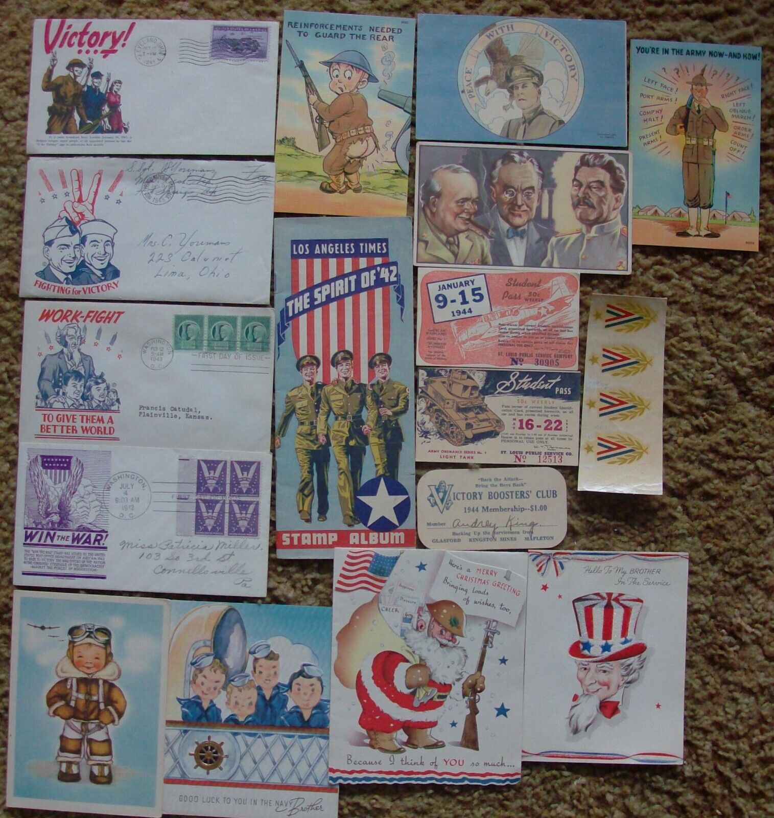 GREETING CARDS, POSTCARDS, CACHETS, STAMP ALBUM LOT