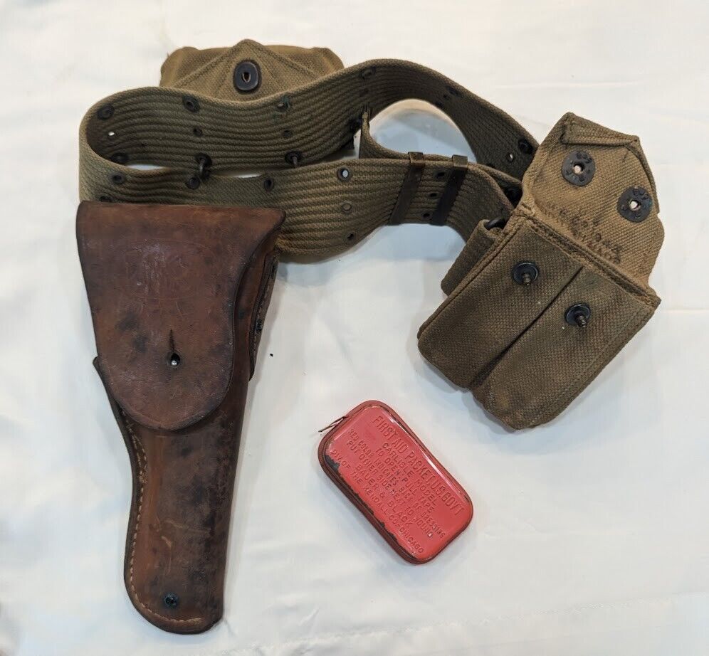 WW2 Era G&K Pistol Belt with Holster, Mag Pouch, and First Aid Pouch with Kit. 