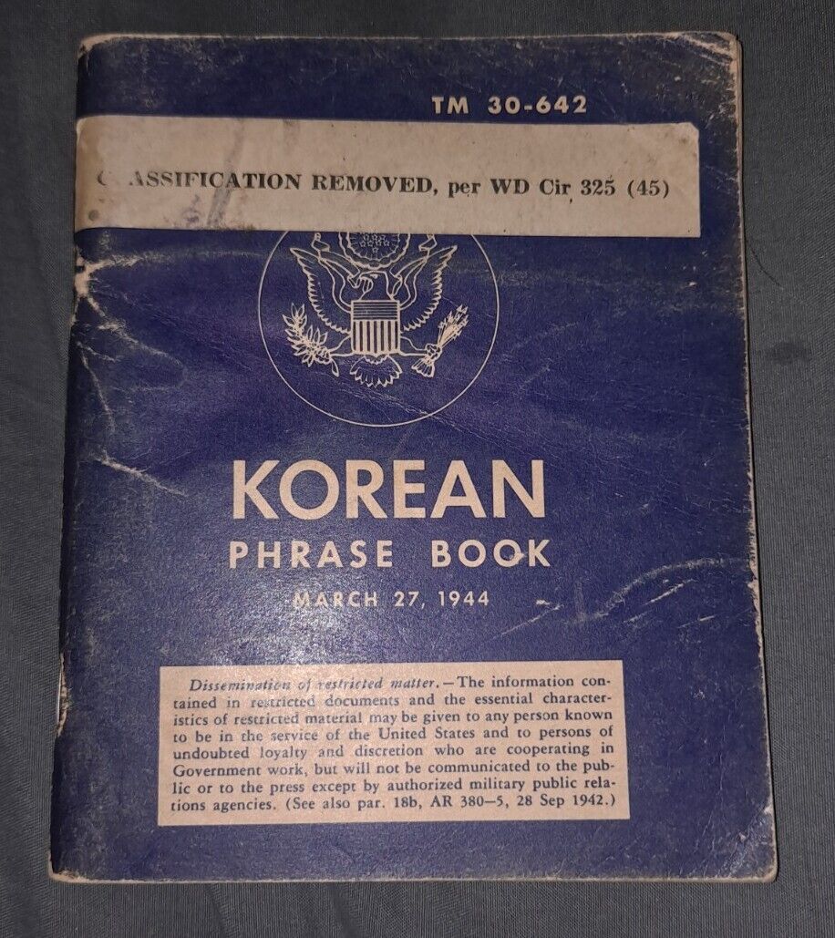 WW2 Language Guide Book War Department 1944 KOREAN TM 30-342