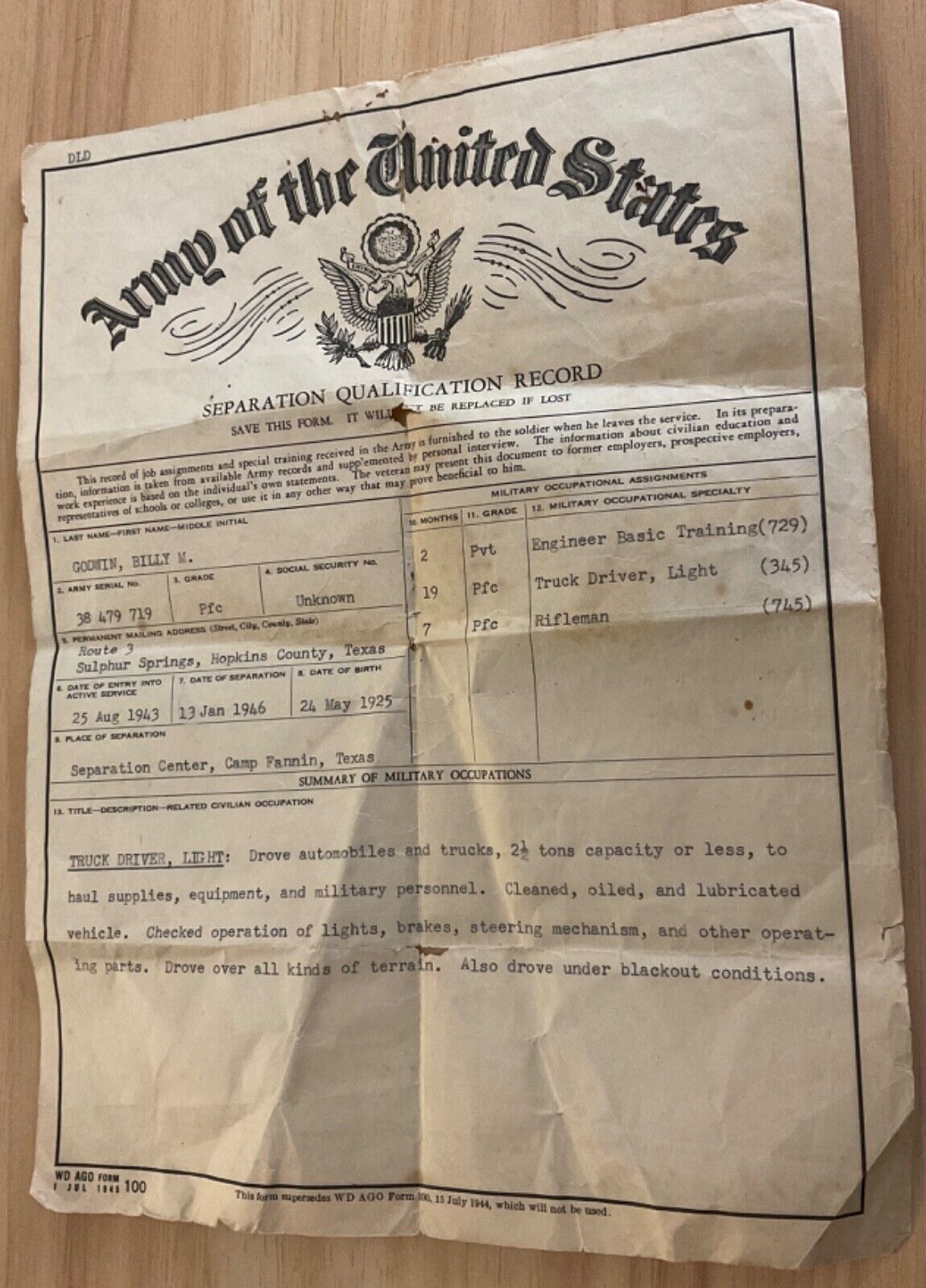 WW2 US Army Separation Qualification Record, Driver, Sulphur Springs, Texas
