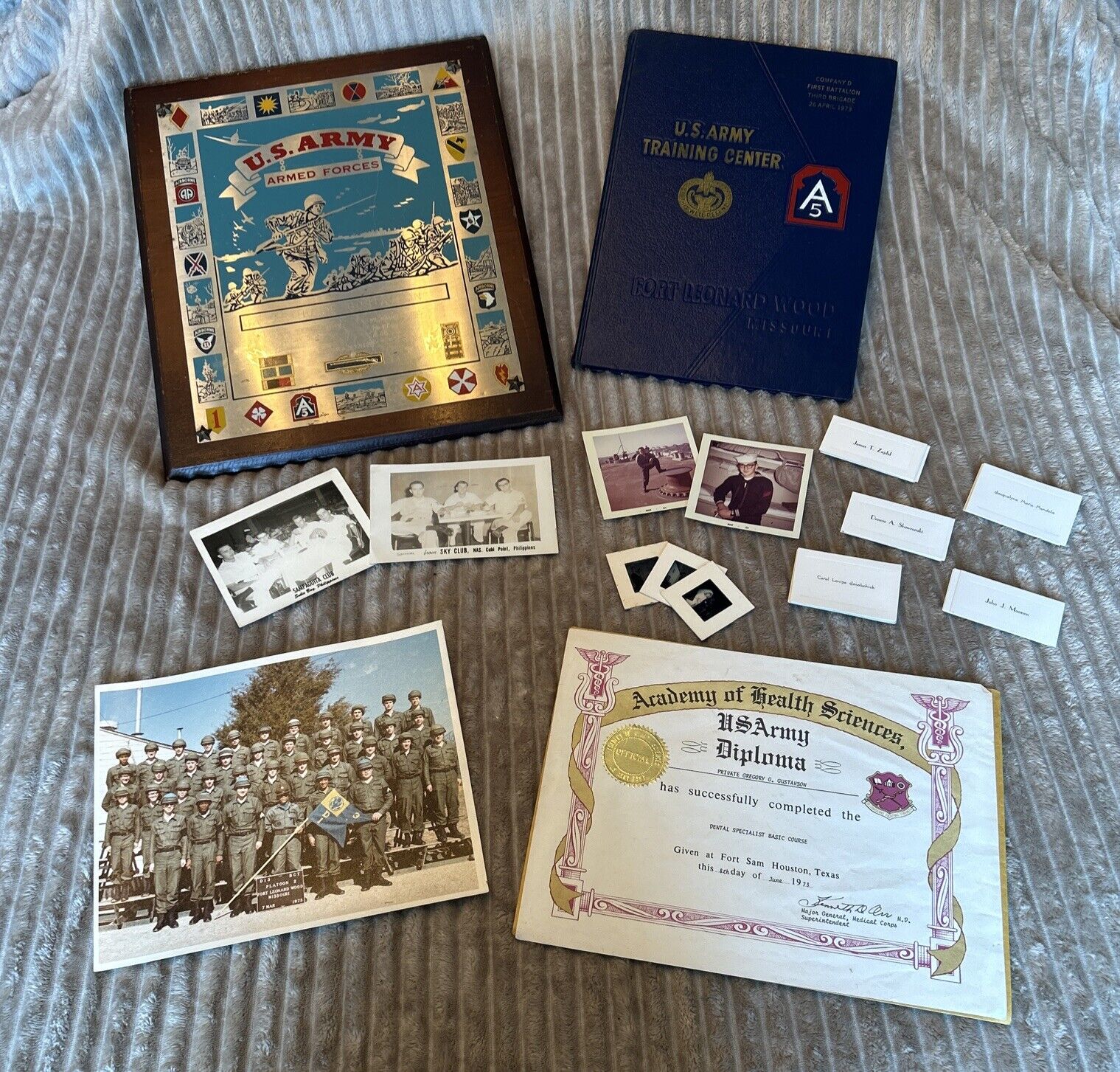 Vintage US Army Lot Armed Forces Plaque, Training Book, Photos, Post Cards Look