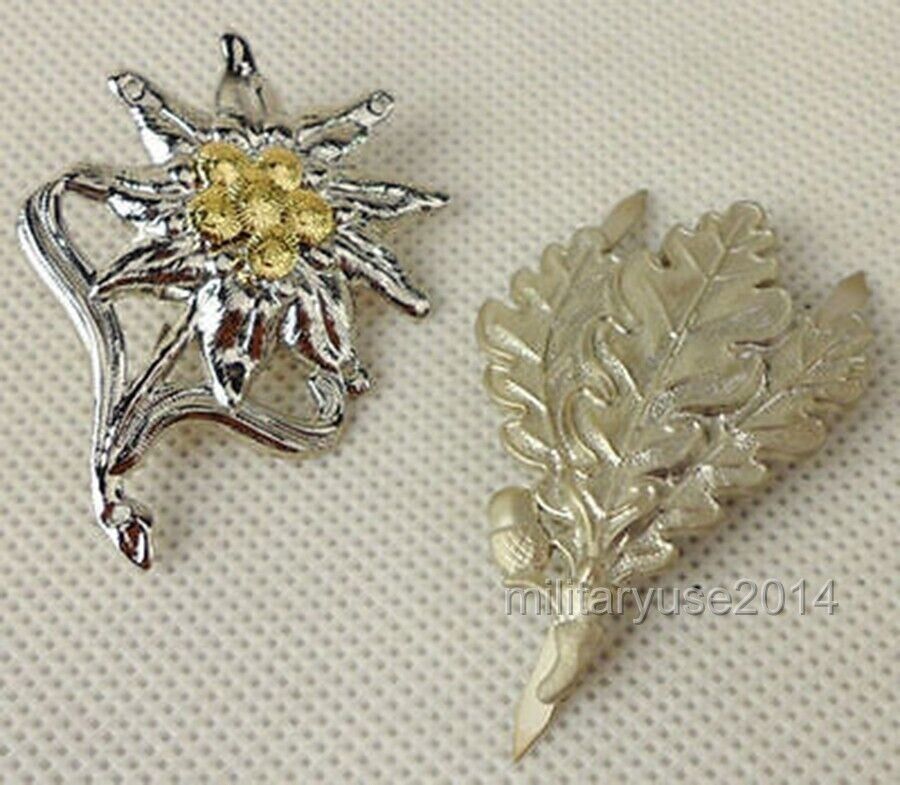 WW2 WWII German Metal Edelweiss Leaves Cap Badge Pin Insignia Silver