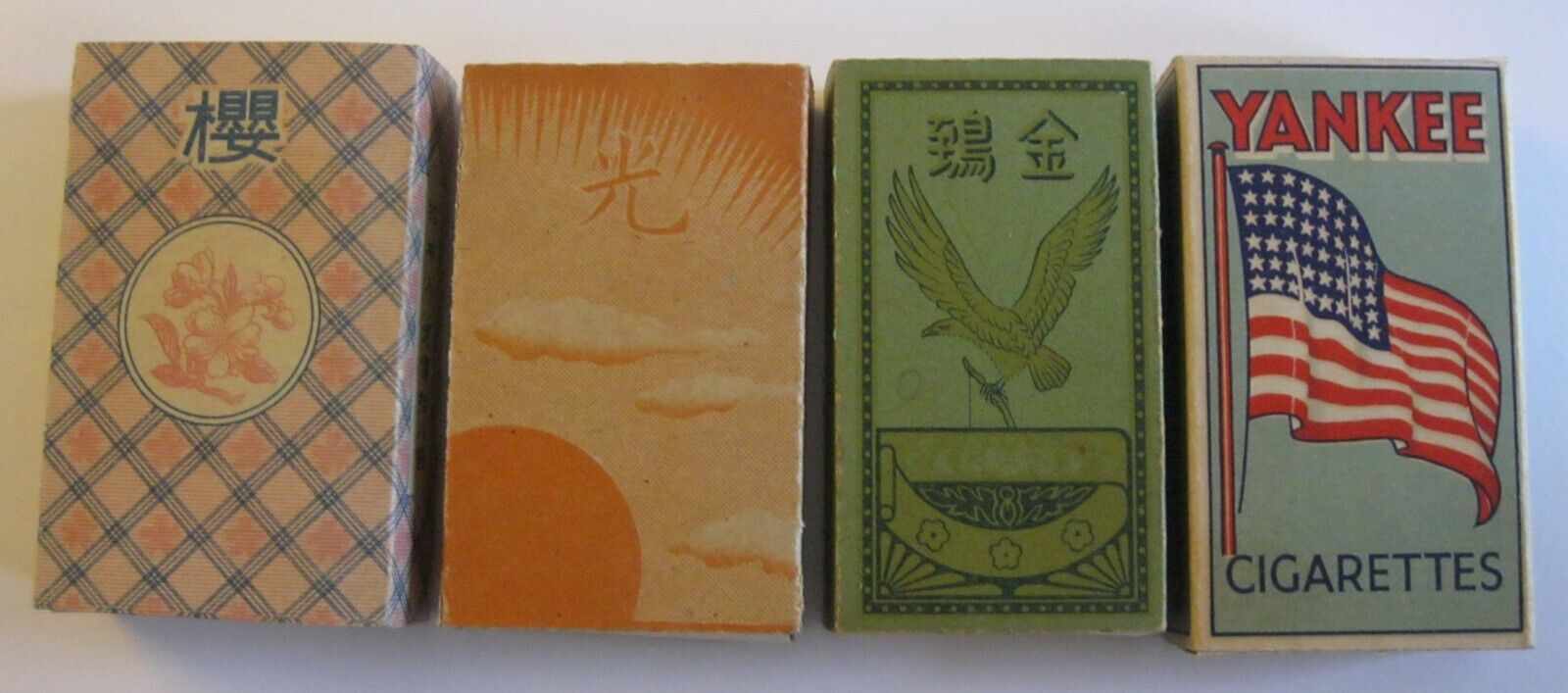 4 Empty Japanese & US Cigarette Packs WWII Cherry Rising Sun Golden Kite Yankee