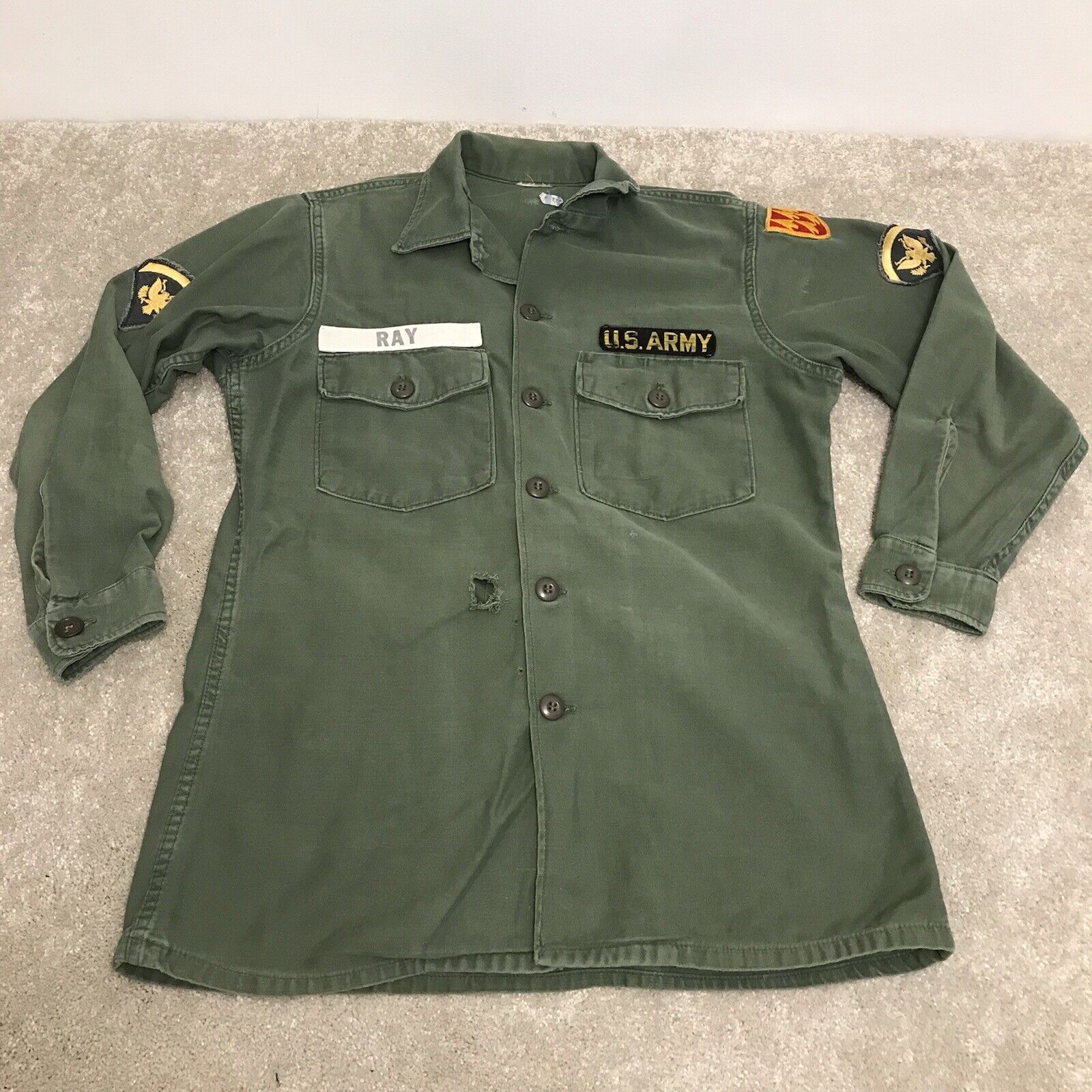 Vtg Army OG 107 Vietnam Fatigue Shirt 60s 70s Patches RAY Last Name DAMAGED