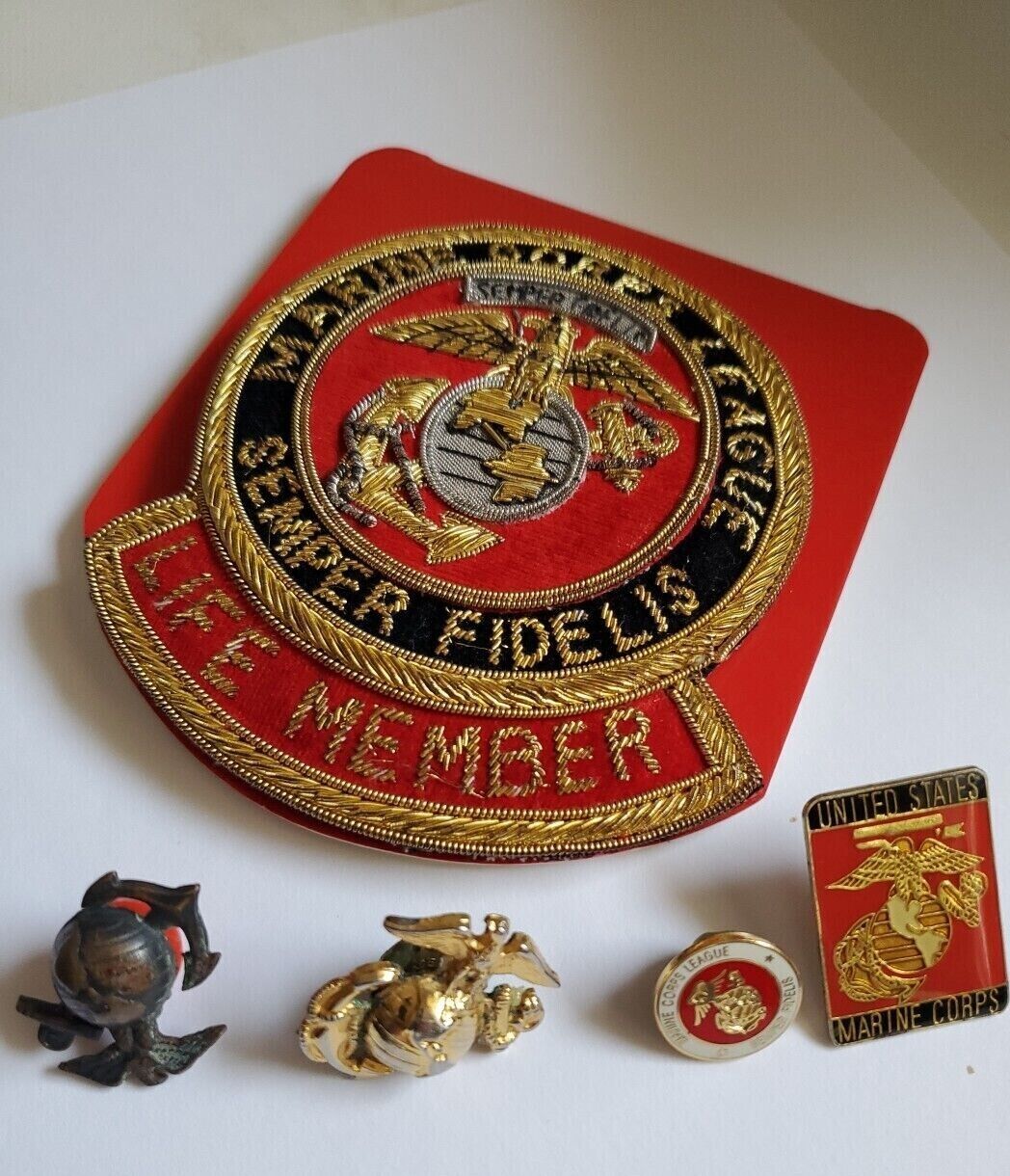Vintage WW2 (5) item US Marine Corps Patch Insignia Vintage Lapel Collar Pin LOT
