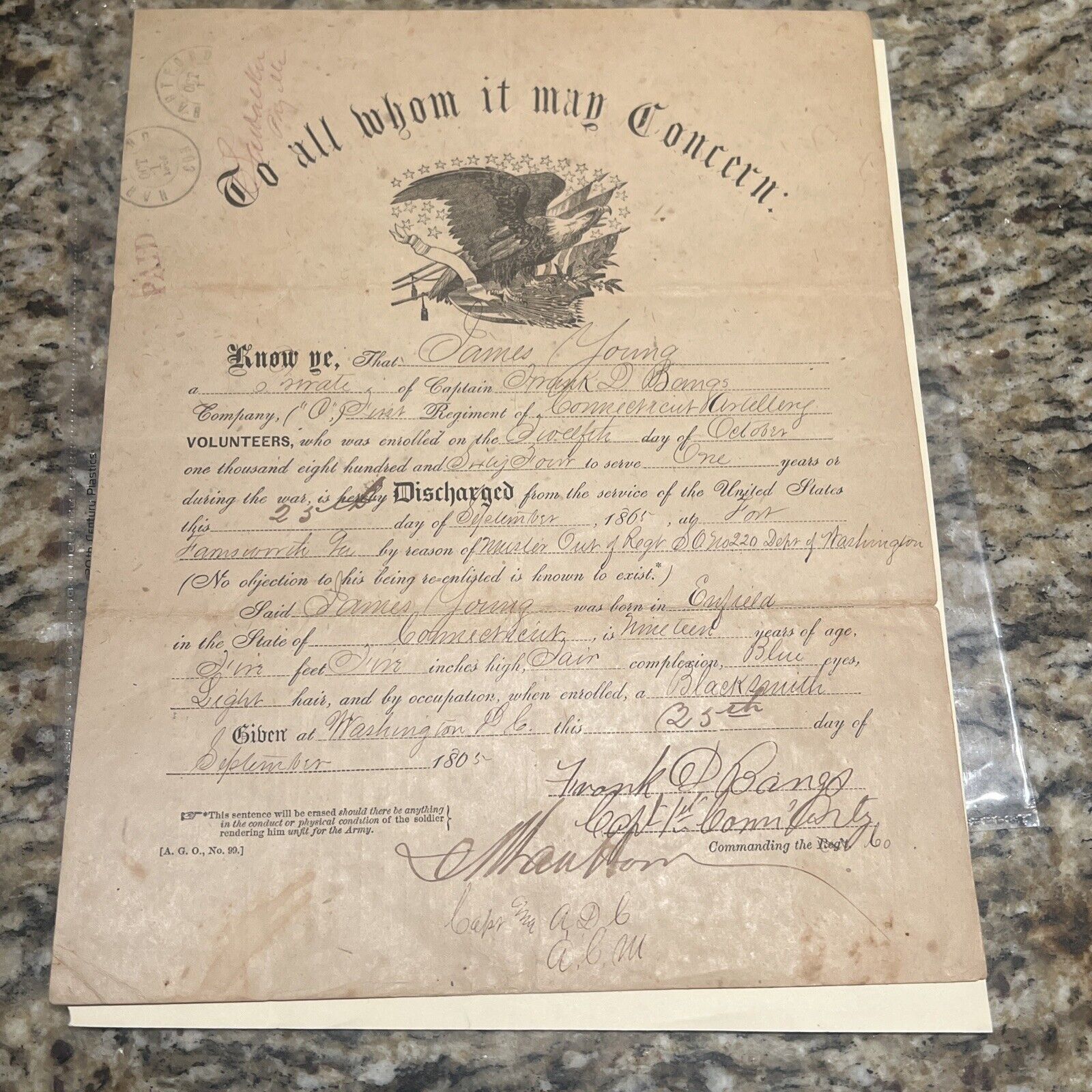 Civil War Discharge Papers Co O First Regiment Of Connecticut Artillery 1864