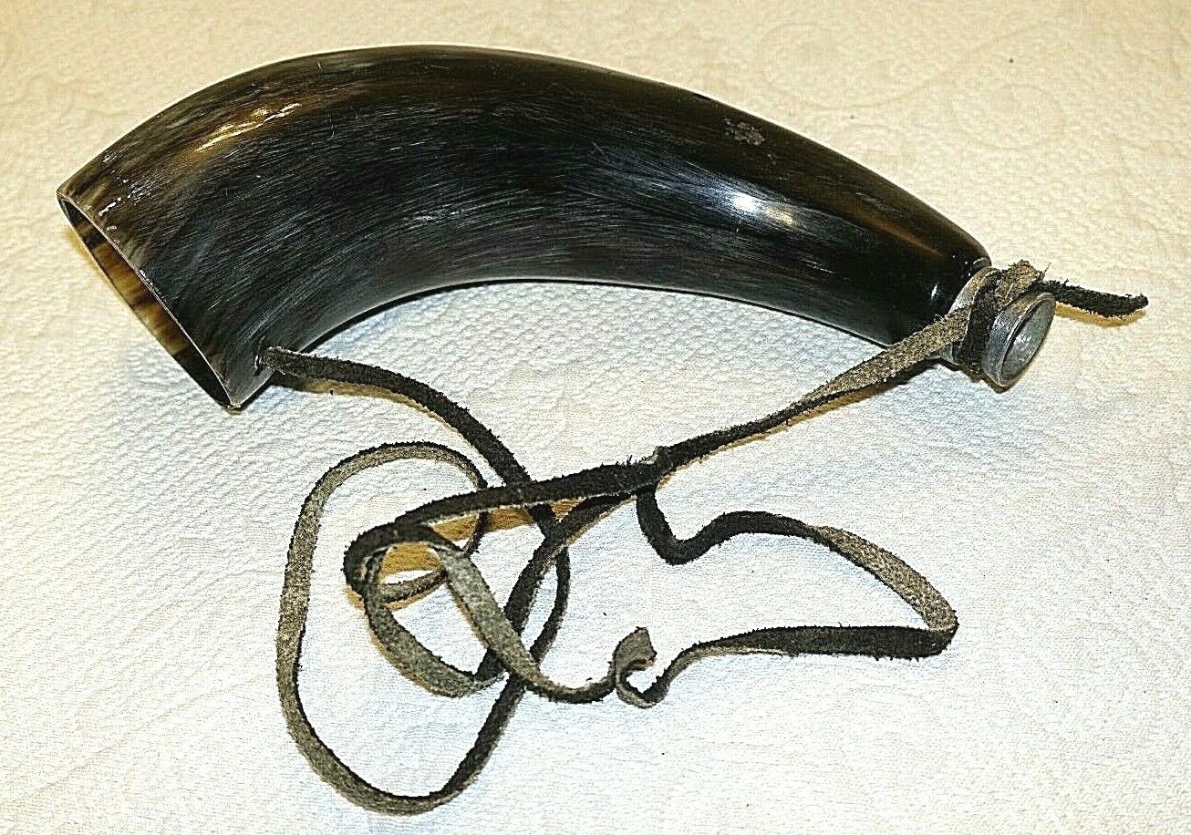 Vintage Musket Black Powder Horn With Leather Strap   - 9” Long - No Stopper
