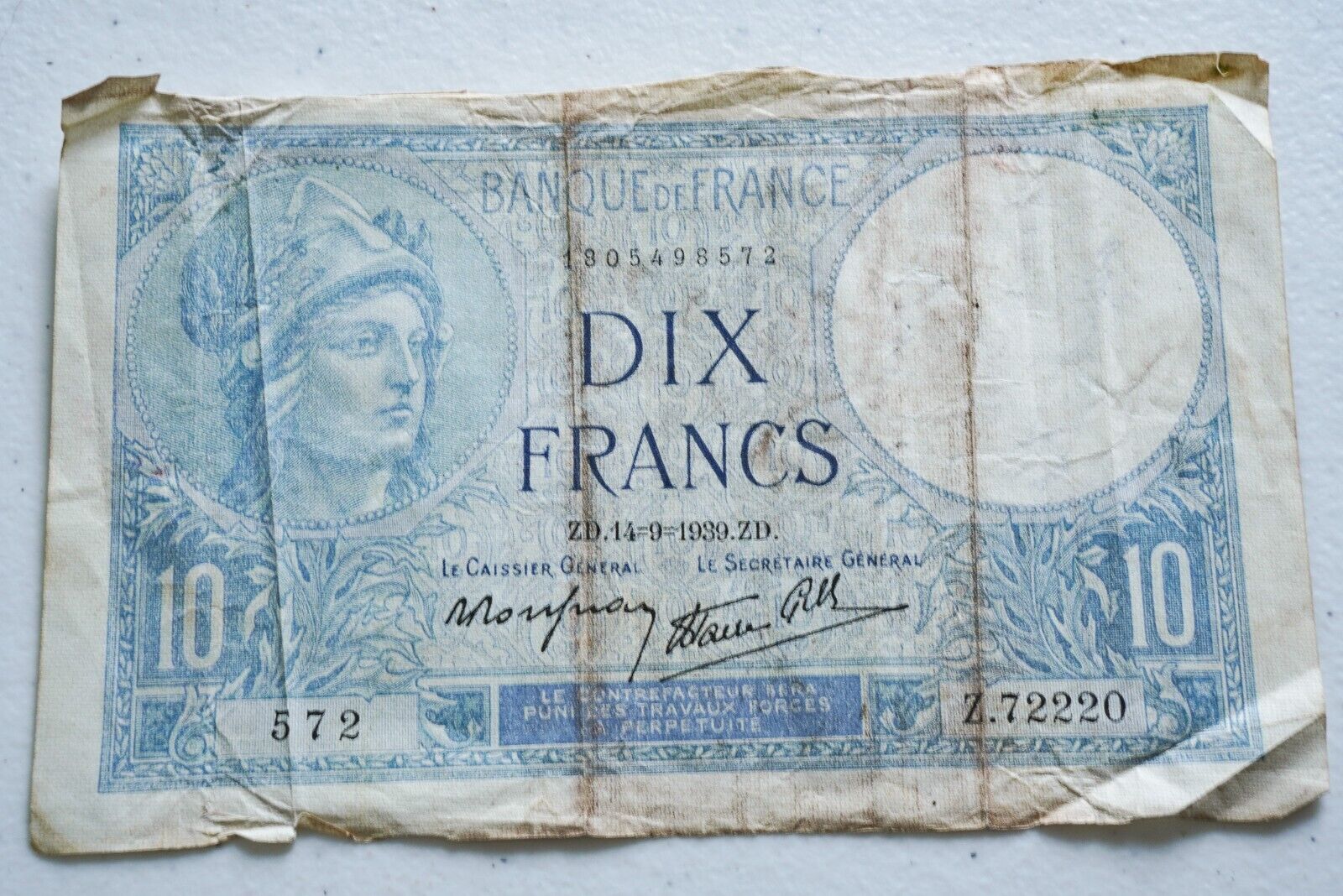 Rare WWII 1939 France Dix Francs Short Snorter Named Soldier Military Bring back