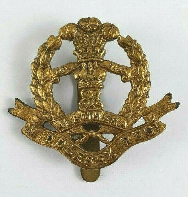 WW1 Middlesex Regiment Brass Economy Cap Badge - Slider to Rear