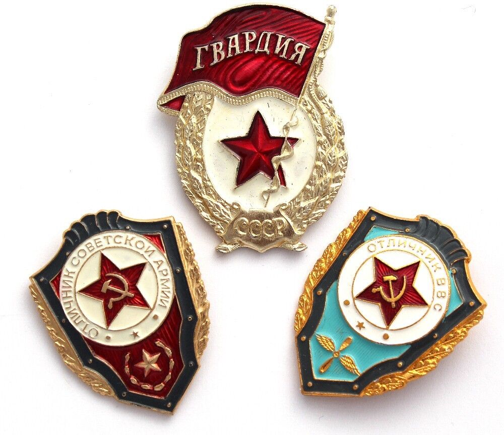 3 Awarded USSR Soviet Union Russian Military Badges 1980th ORIGINAL; Aluminum