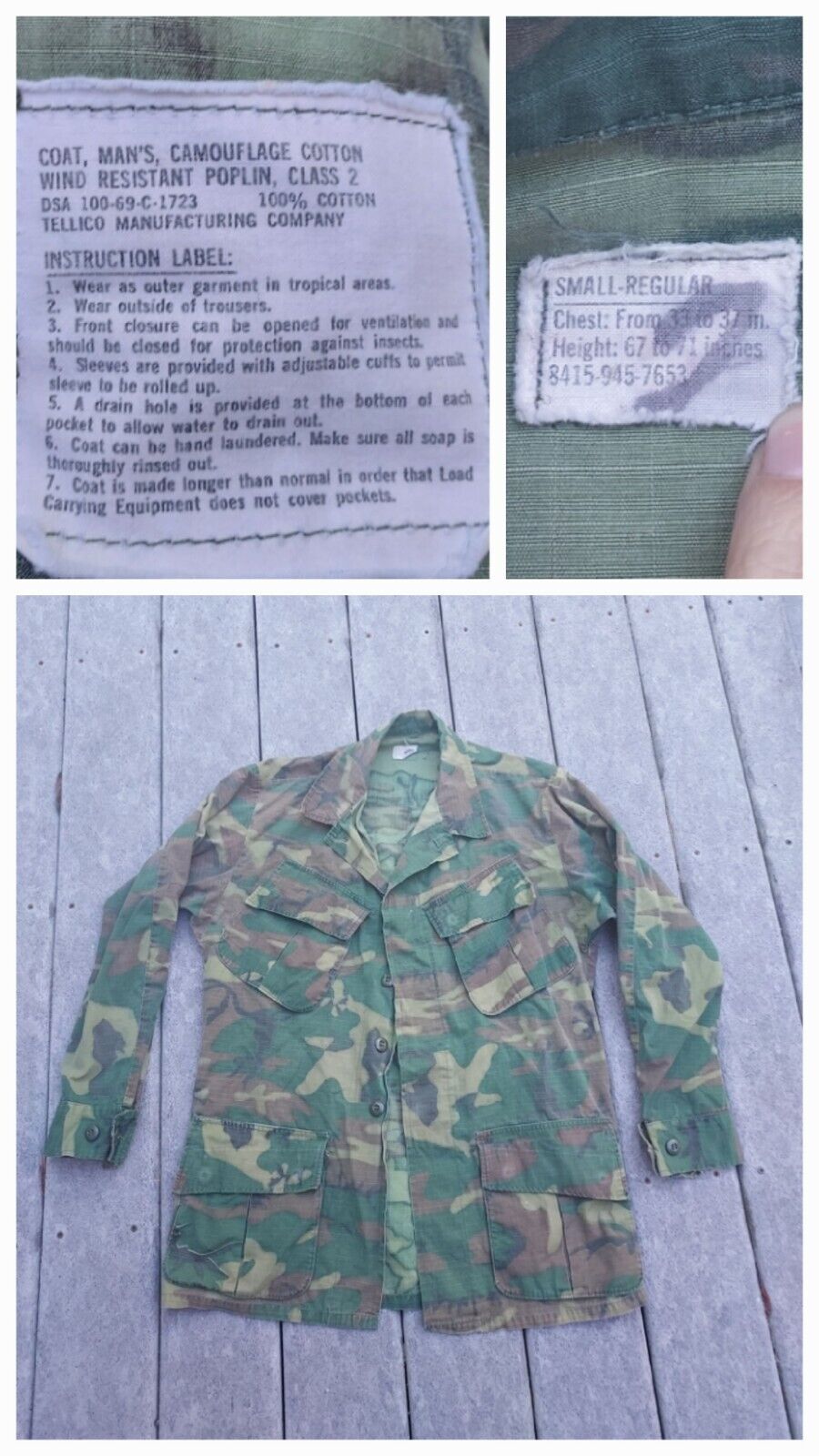 Vietnam War US ERDL Tropical Jungle Camo Coat Small Regular Jacket Slant Pocket