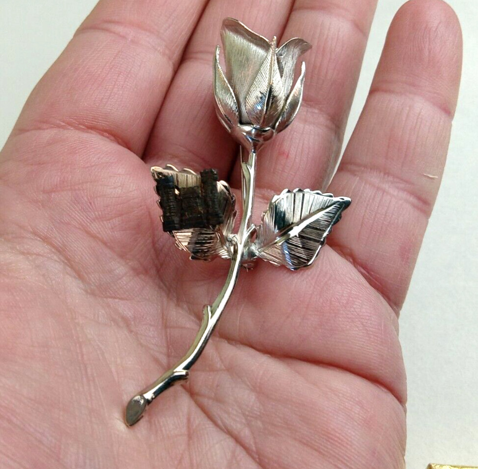 VERY RARE WWII Figural Silvertone ROSE Flower Military Sweetheart Brooch Pin