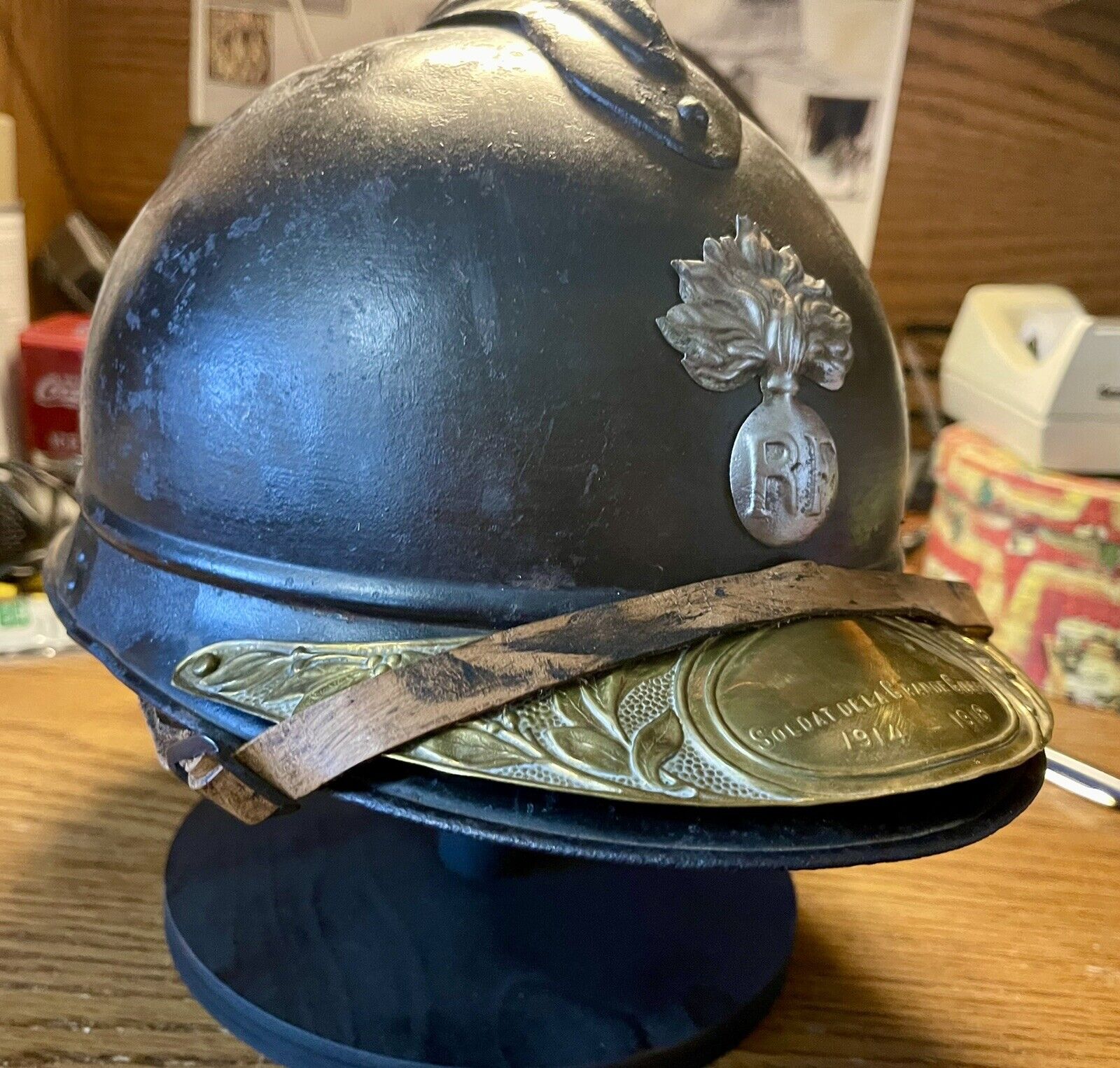 WWI French Officers Helmet With Front Brum Brass Plate