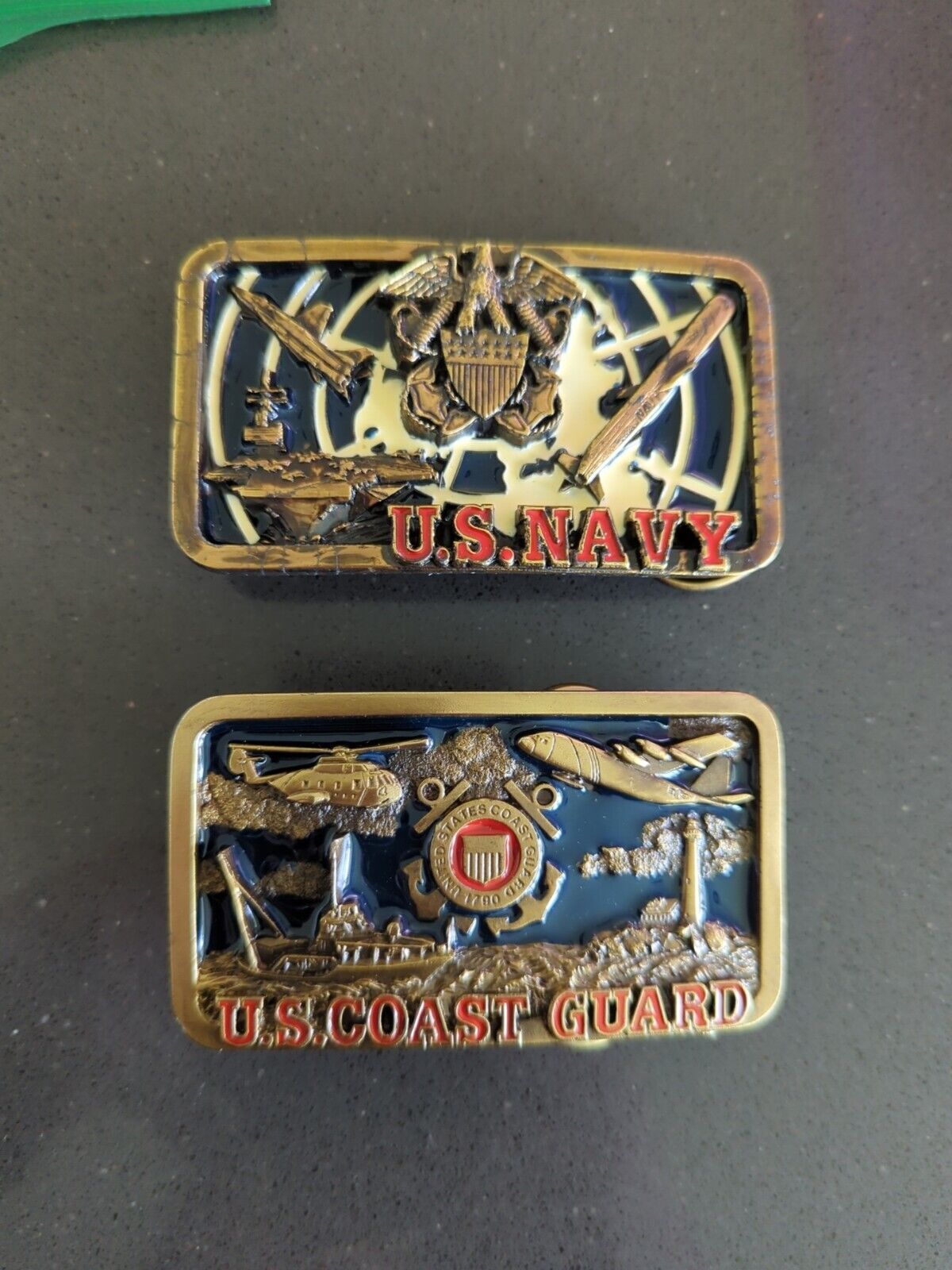 2 Vintage US Coast Guard Brass And Enamel Belt Buckle Limited Edition US Navy 